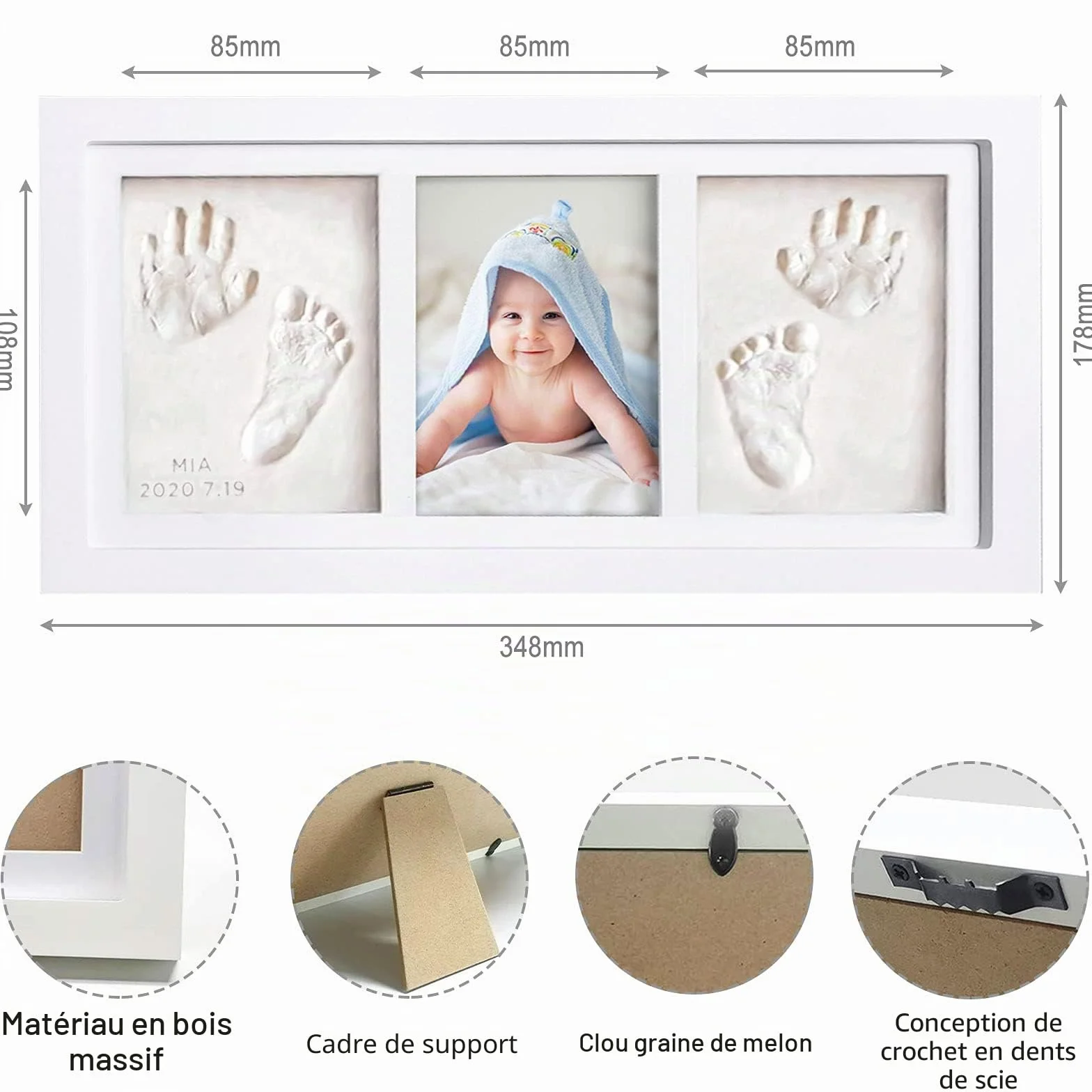 Cadre Photo pour Bébé avec Kit Empreintes Mains et Pieds, Argile et Sceau