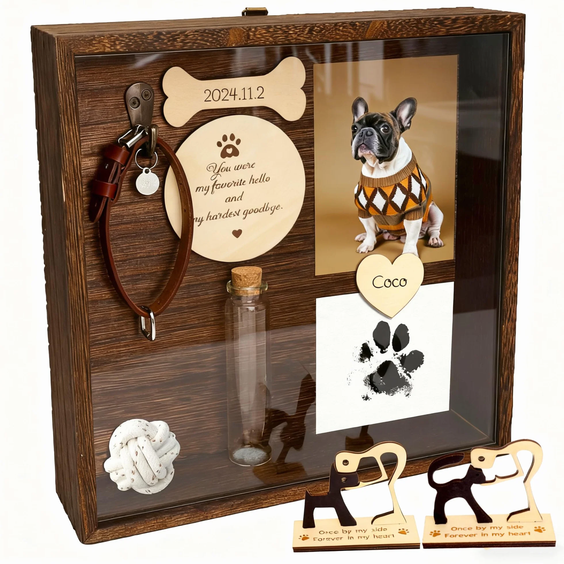 Cadre Vitrine Souvenir Chien Chat Boîte à Ombre Commémorative pour Collier Décédé, Cadre Photo avec Flacon Poils Cendres, Plaque Nominative Bois
