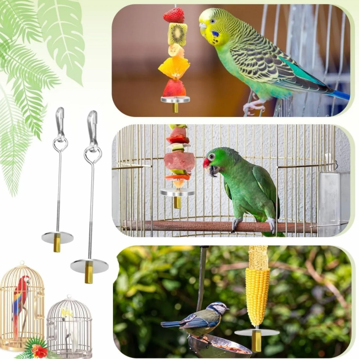 Mangeoire pour Perroquets en Acier Inoxydable 17cm 22cm Porte-Fruits et Légumes Suspendu pour Cage Oiseaux Jouet Perruche