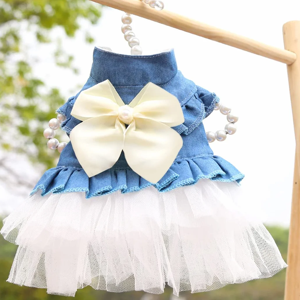 XIAOYU Chien Robe Animal de Compagnie Bowknot Princesse Jupe été Denim Gilet Chemises Douce Soirée Mariage vêtements Blanc XXL