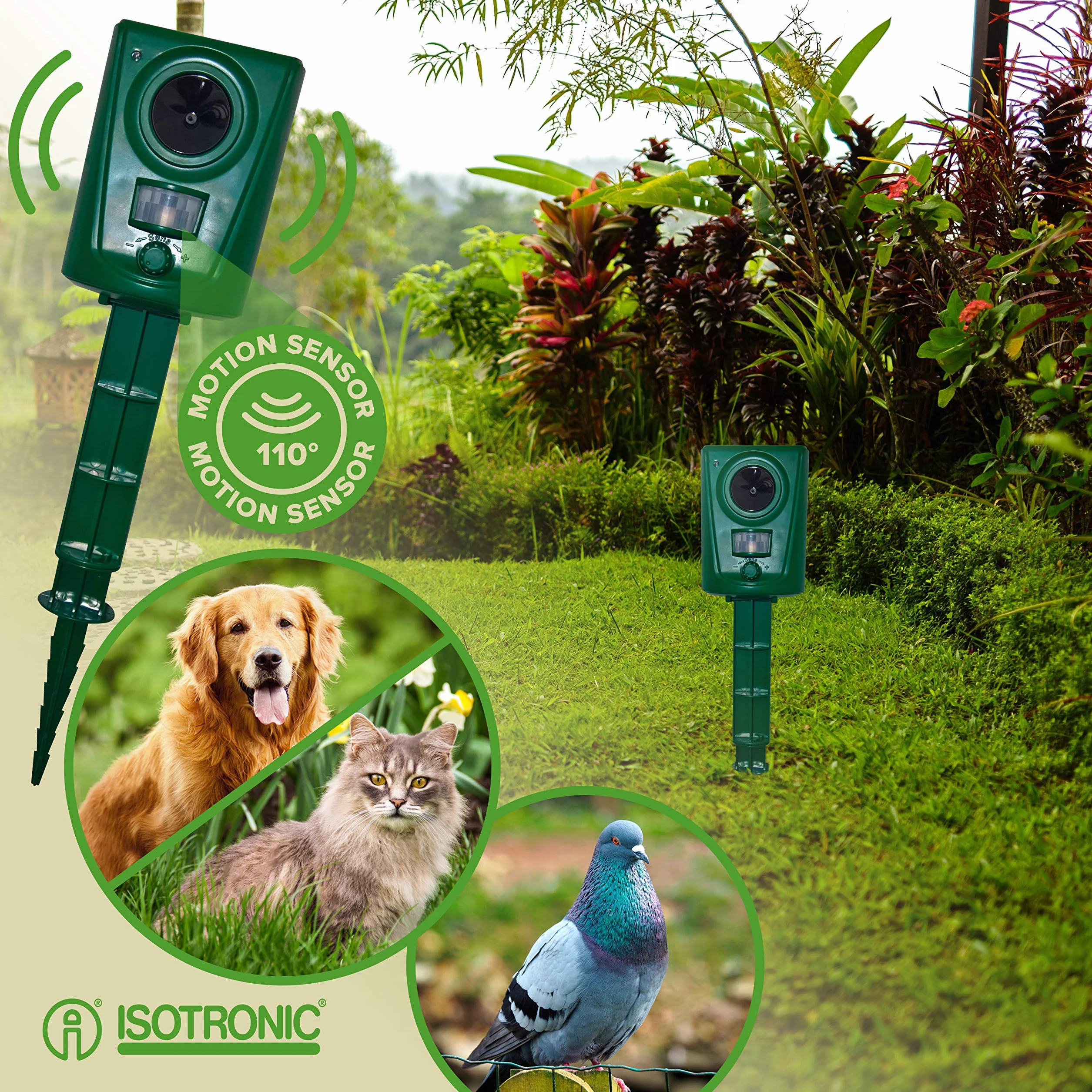 ISOTRONIC Répulsif ultrasonique pour Animaux Anti-Chats à Piles avec Piquet de Sol Portée 10 m