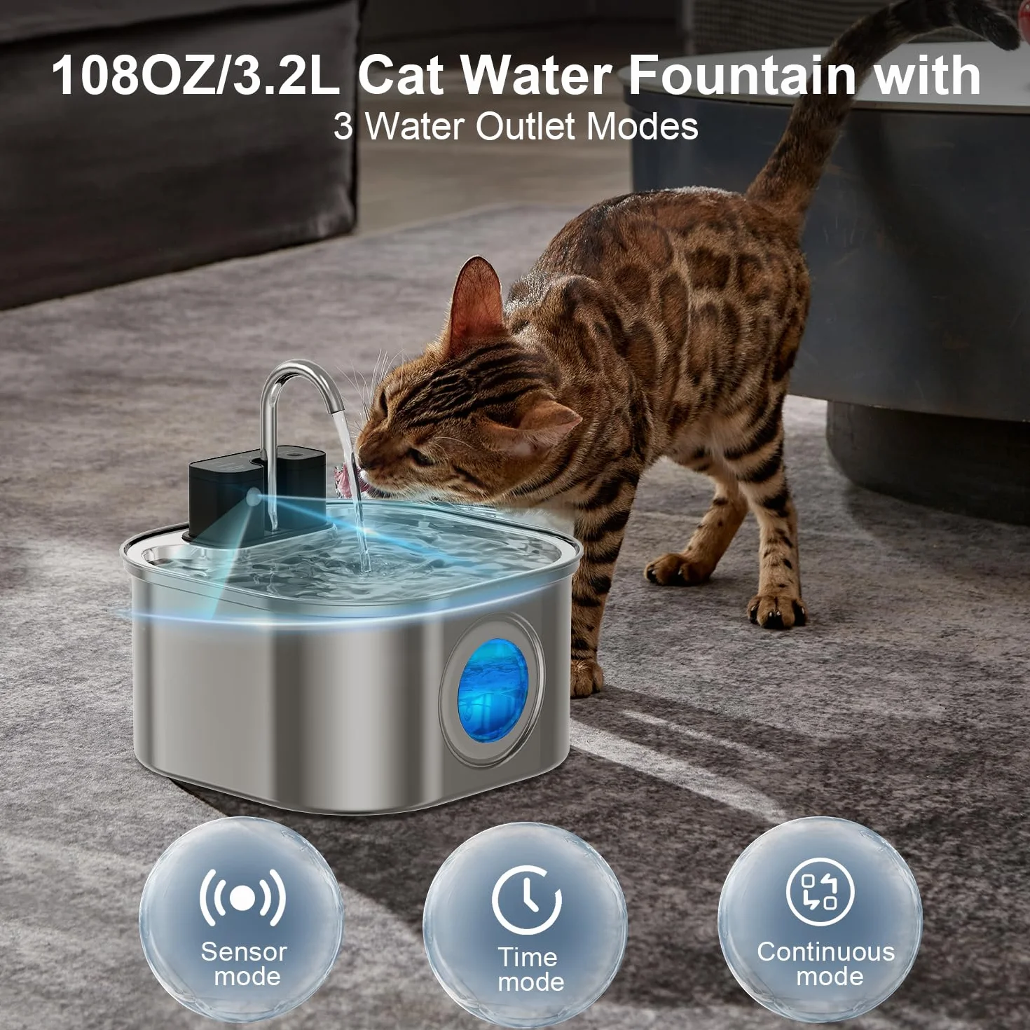 Fontaine à Eau pour Chat sans Fil 3.2L Acier Inoxydable avec Détecteur de Mouvement Batterie 4000 mAh Pompe Silencieuse Filtre Charbon Actif