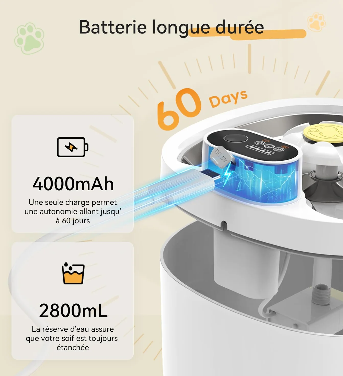 Fontaine à Eau pour Chat sans Fil 2,8L INOX Ultra-Silencieuse <20dB Batterie 4000mAh avec Capteur et Minuteur 3 Filtres