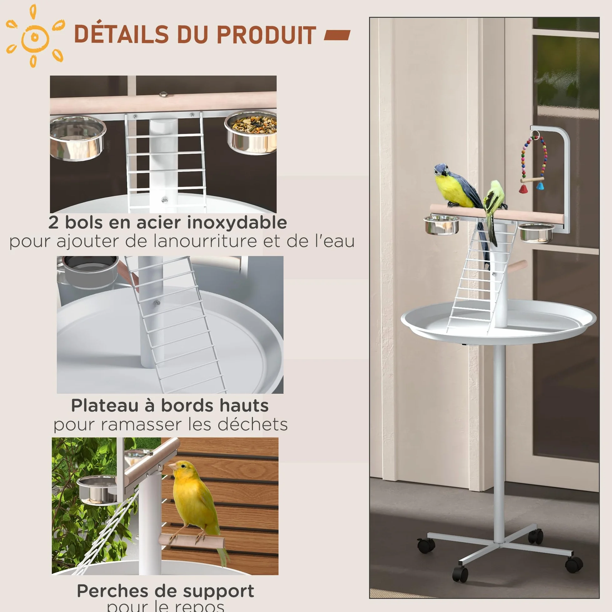 PawHut Mangeoire à Oiseaux sur Pied Acier Inoxydable 2 Bols Amovibles Ø 60 x 138H cm Blanc