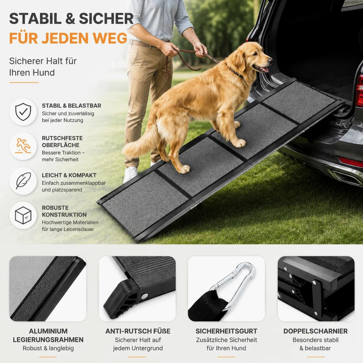 Rampe de voiture pliable pour chien - 170 x 44 cm - Extra large - Pour grands chiens jusqu'à 110 kg - Rampe de coffre de voiture antidérapante - Pour SUV, camion et lit mezzanine - Noir