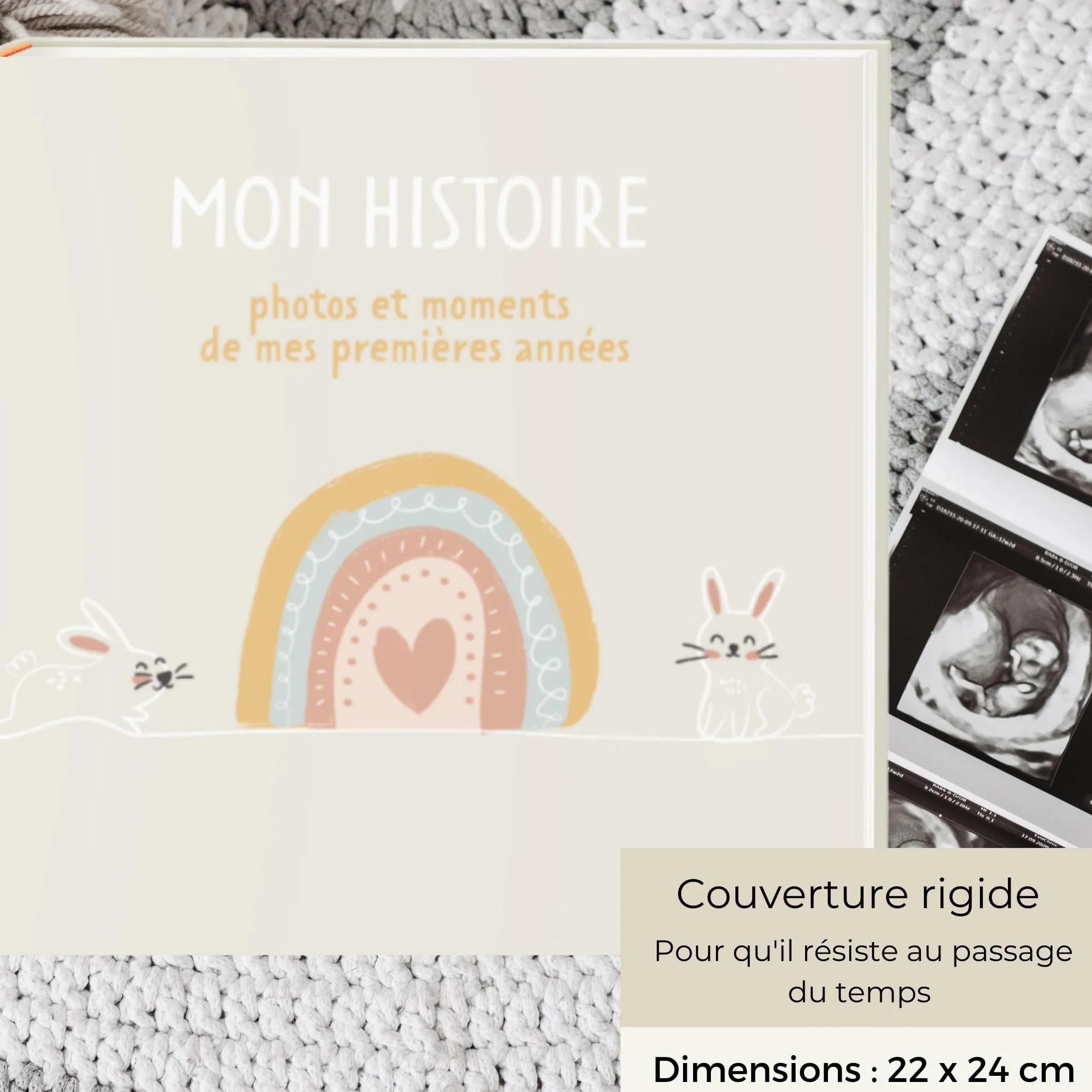 Livre de Naissance pour Coller des Photos et Écrire 50 Pages Autocollants Album Photo Bebe Première Année jusqu'à 5 Ans Beige Français
