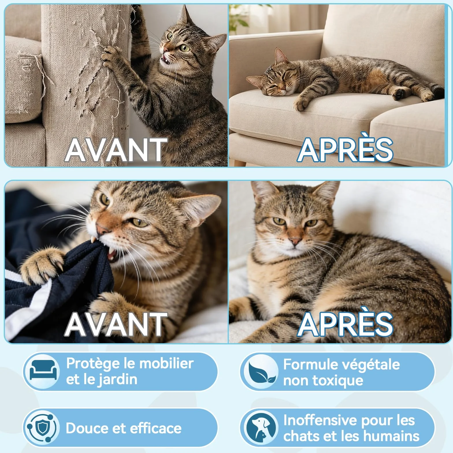 Spray Répulsif pour Chats Naturel, Efficace pour Intérieur et Extérieur, Protège Meubles et Jardin