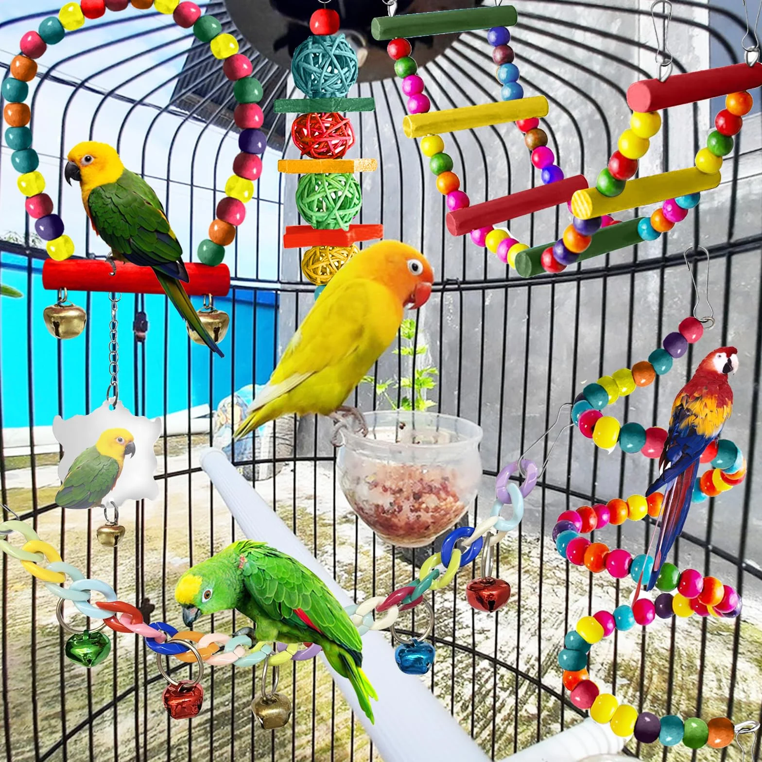 Jouets pour Oiseaux 7 Pièces Jouet Perroquet à Mâcher Suspendre Accessoire Cage Balançoire Échelle Cloches