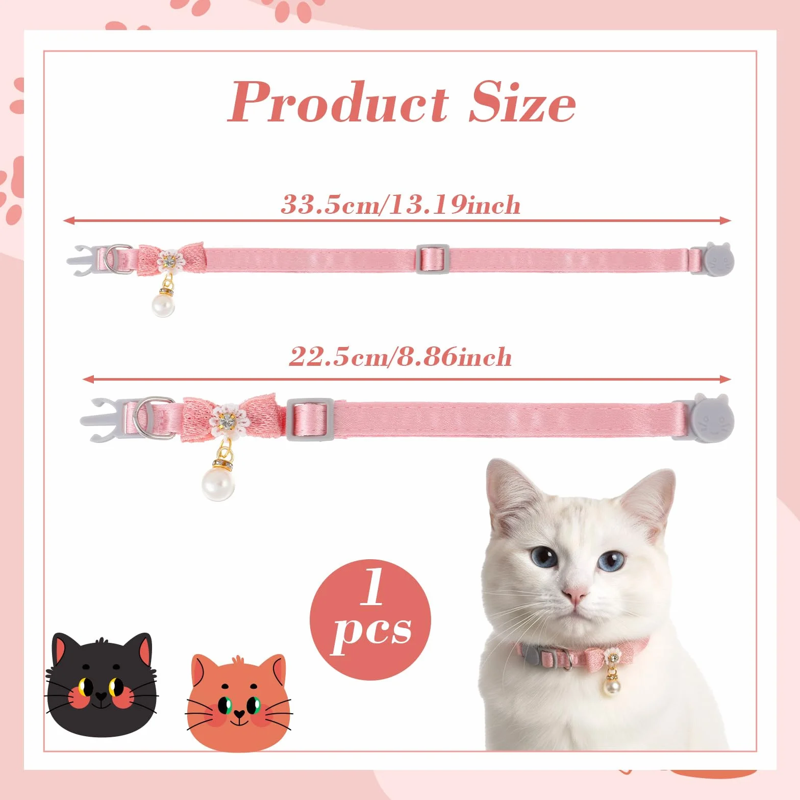 Collier pour chat réglable rose avec pendentif perle, boucle sécurité nœud papillon