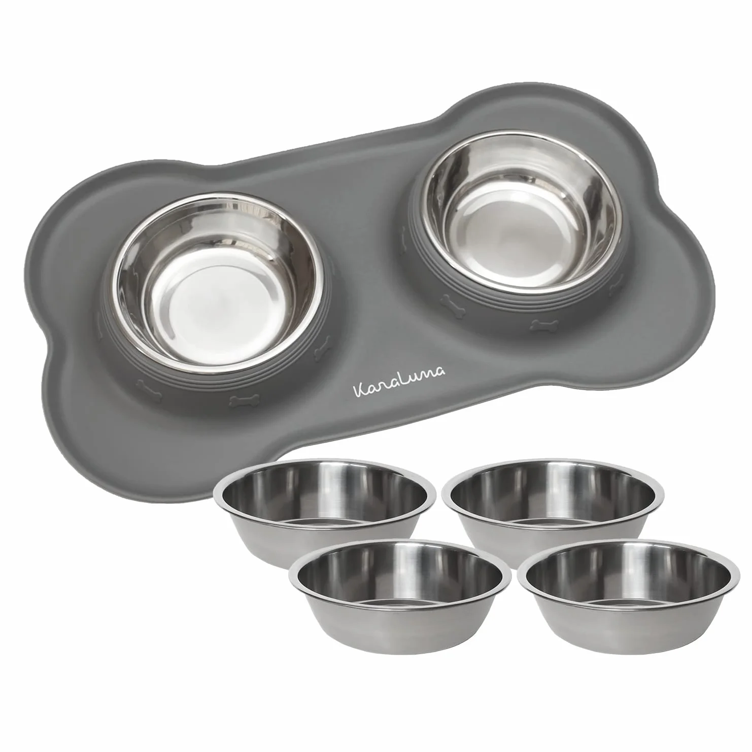 Tapis pour gamelle en Silicone KaraLuna avec gamelles en Acier Inoxydable Lot de 2 gamelles pour Chat 200ml Gris