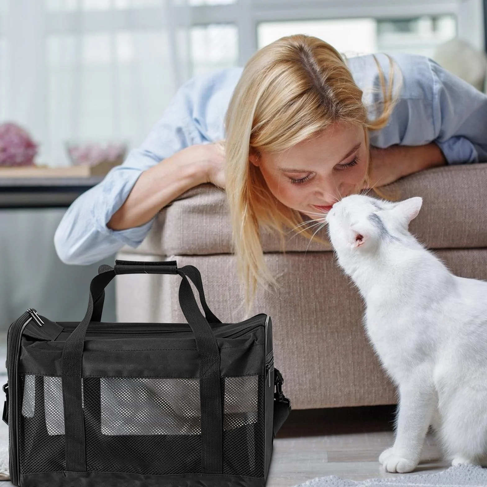 Sac de transport pliable pour chat et chien avec gamelle d'eau, bandoulière, 42 x 27 x 28 cm