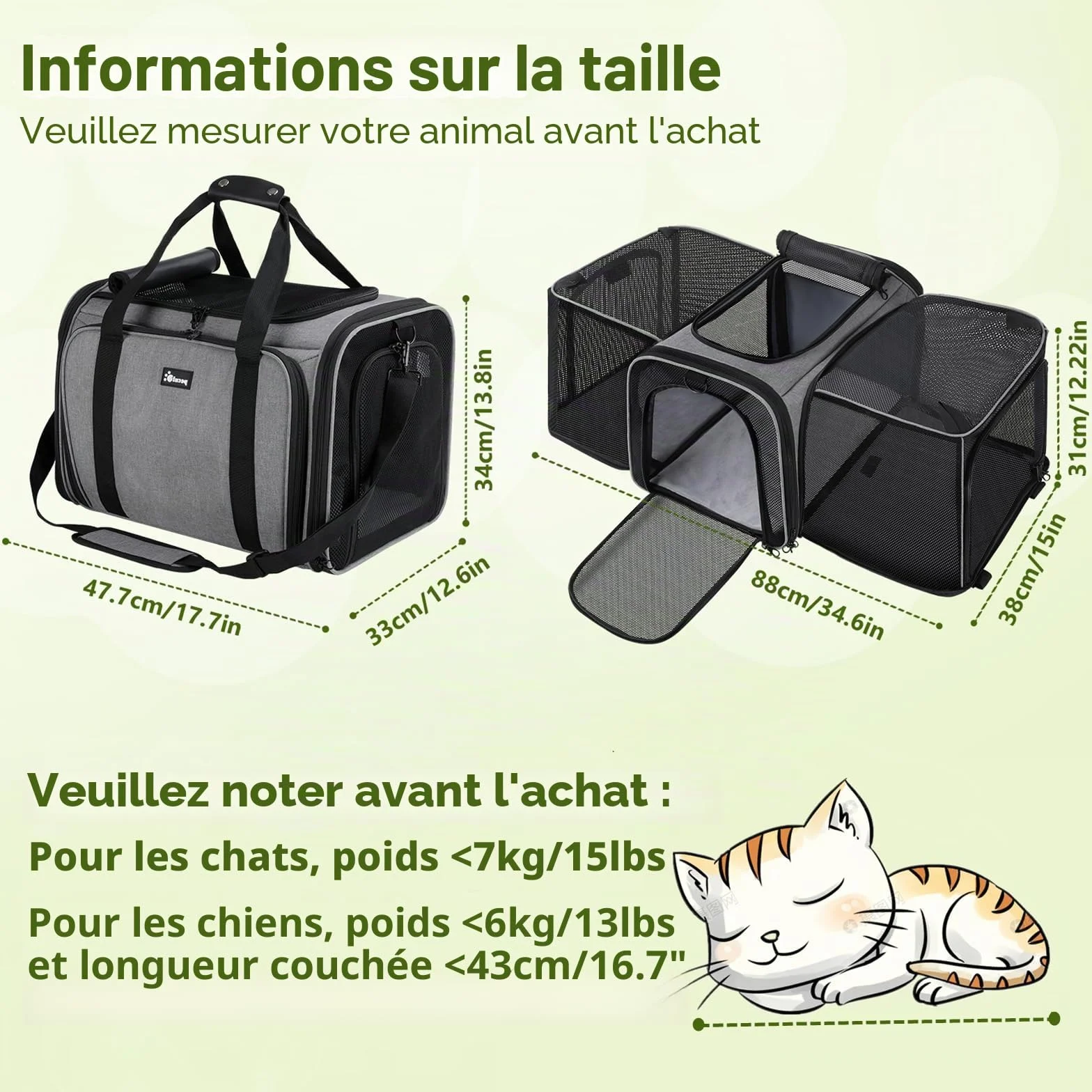 Pecute Sac de Transport Chat Extensible Grand Caisse Pliable Respirant pour Chats Chiens avec Bandoulière Réglable Bol