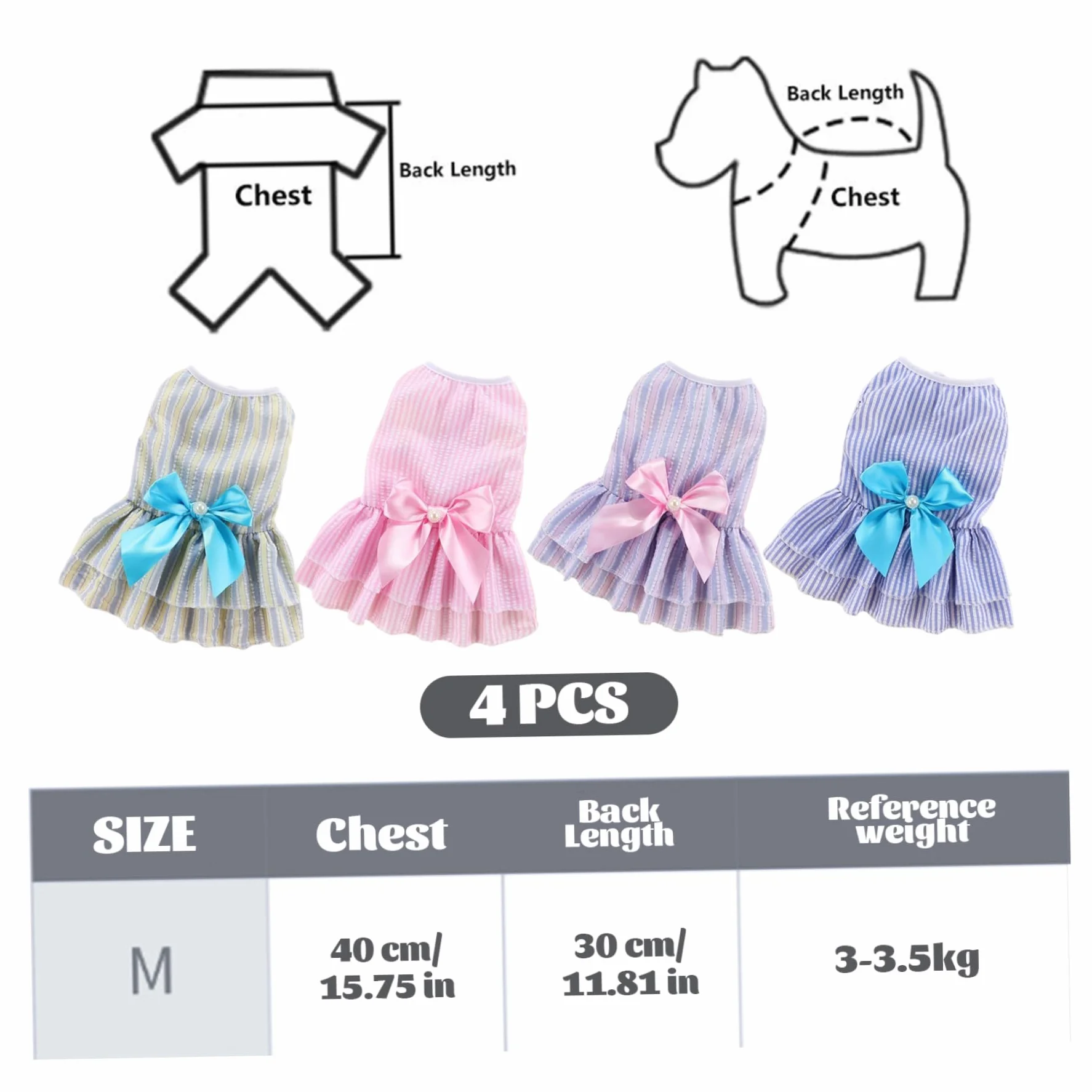 Lot de 4 Robes pour Chien à Rayures Verticales avec Nœud Papillon, Vêtements Doux et Respirants pour Petit Chiot Chihuahua Yorkies