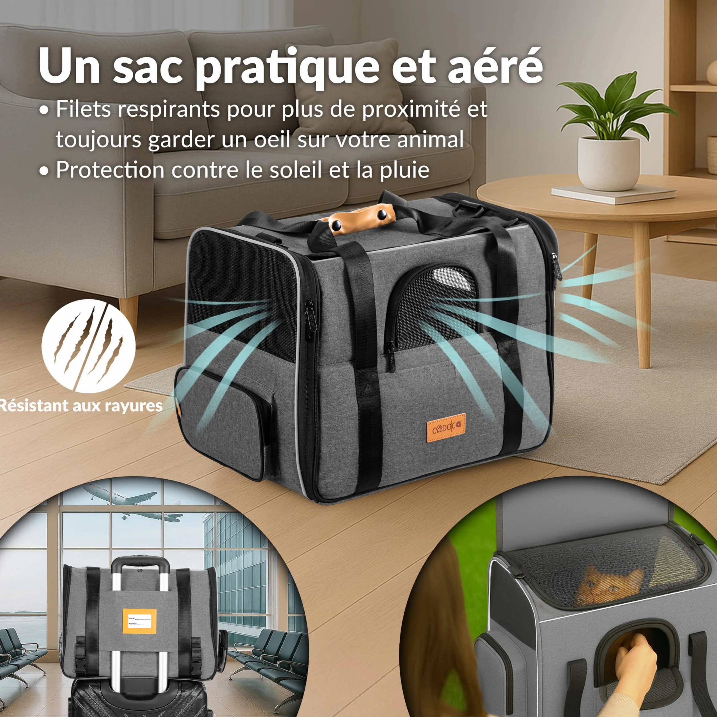 CADOCA® Sac de Transport pour Chat Chien Max. 20kg Gris Pliable avec bandoulière Caisse de Transport Chat Respirant avec gamelle