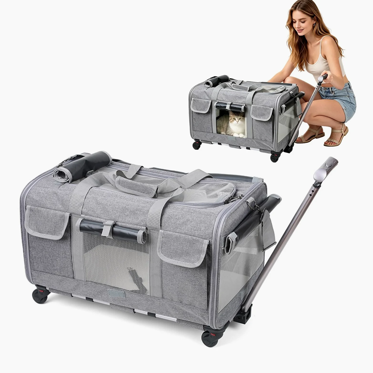 PETCUTE Sac de Transport pour Chien/Chat à roulettes,Pliable Sac de Transport Chats avec Poignée Télescopique,Caisse de Transport Chat en Maille Respirant avec Tapis Amovible,Airline Approuvé