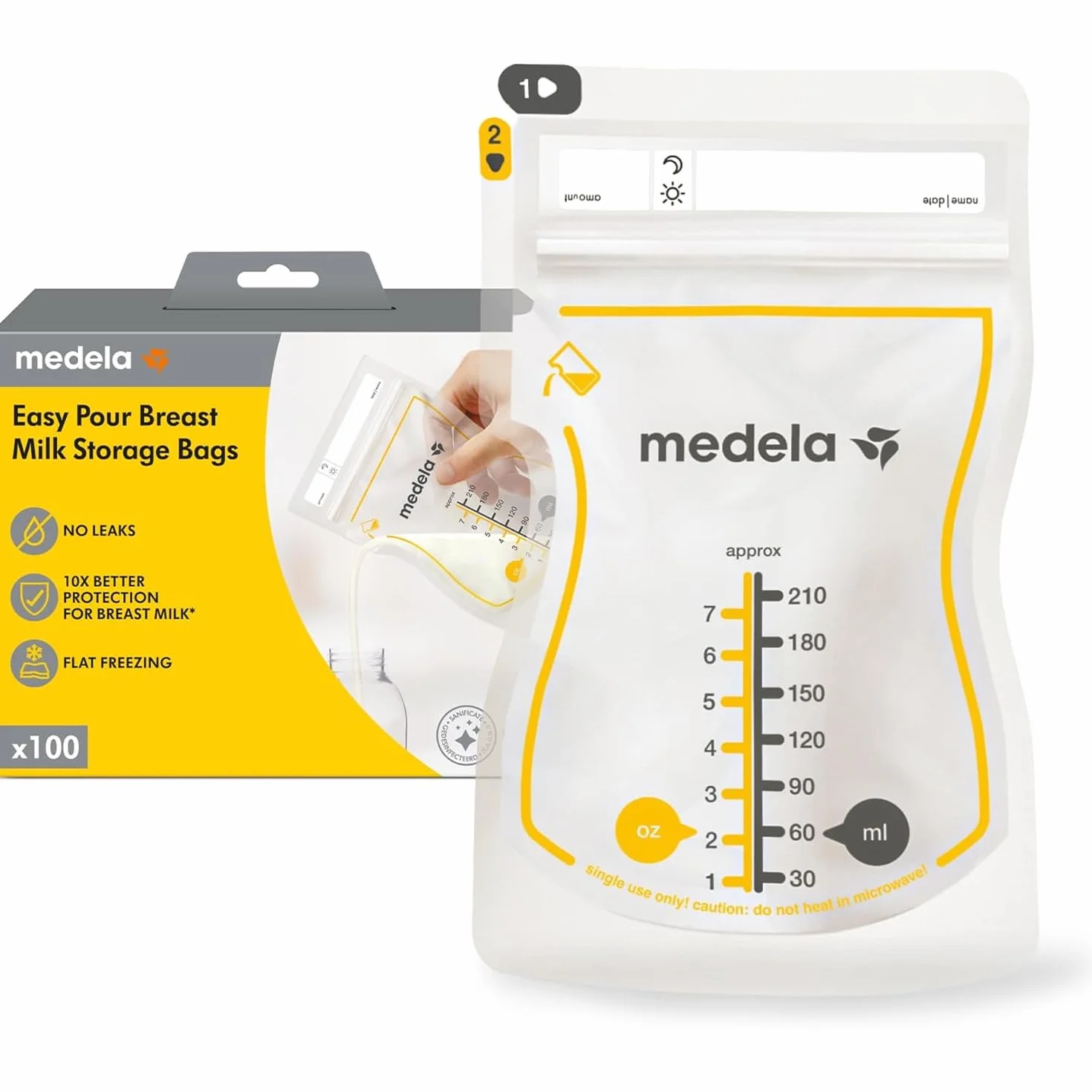 Medela sachets de conservation lait maternel Easy Pour 210 ml anti-fuite sans BPA jetables lot de 100