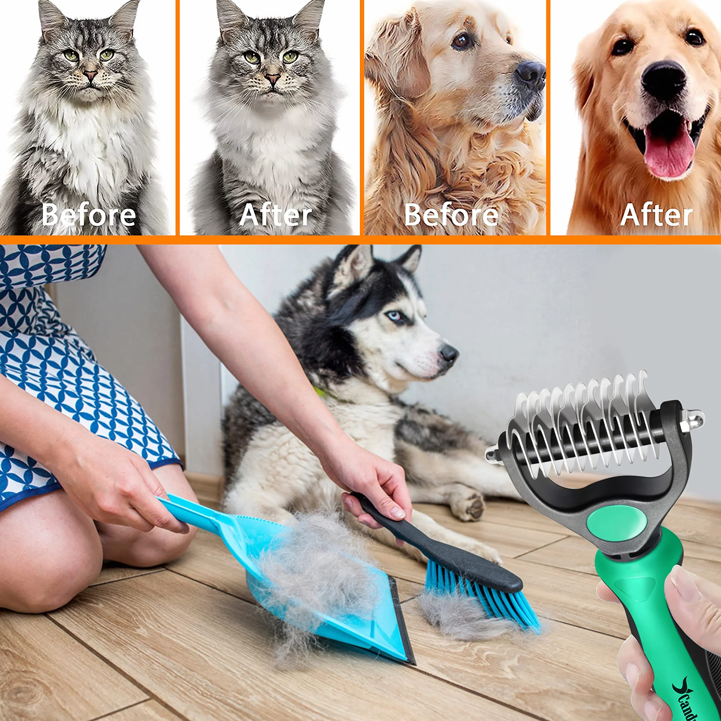 Candure Brosse Chien et Chat Professionnel Double Face 11+6 Dents Élimine Nœuds Tapis Cheveux Emmêlé