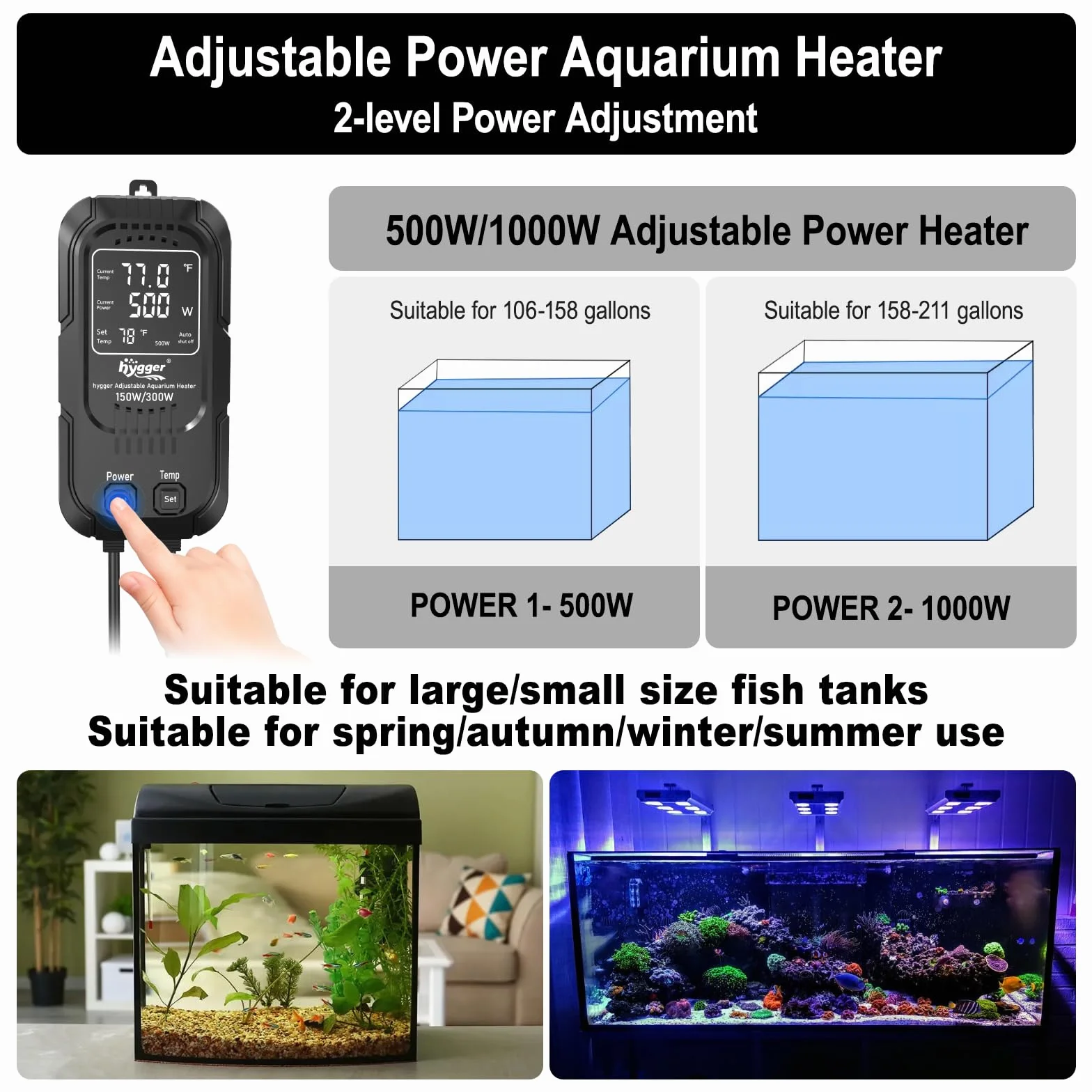 hygger Chauffage d'aquarium Puissance Réglable 500 W/1000 W, Submersible Chauffage pour Aquarium Température de 15 à 35℃ avec Protection Automatique de 400 à 800 litres