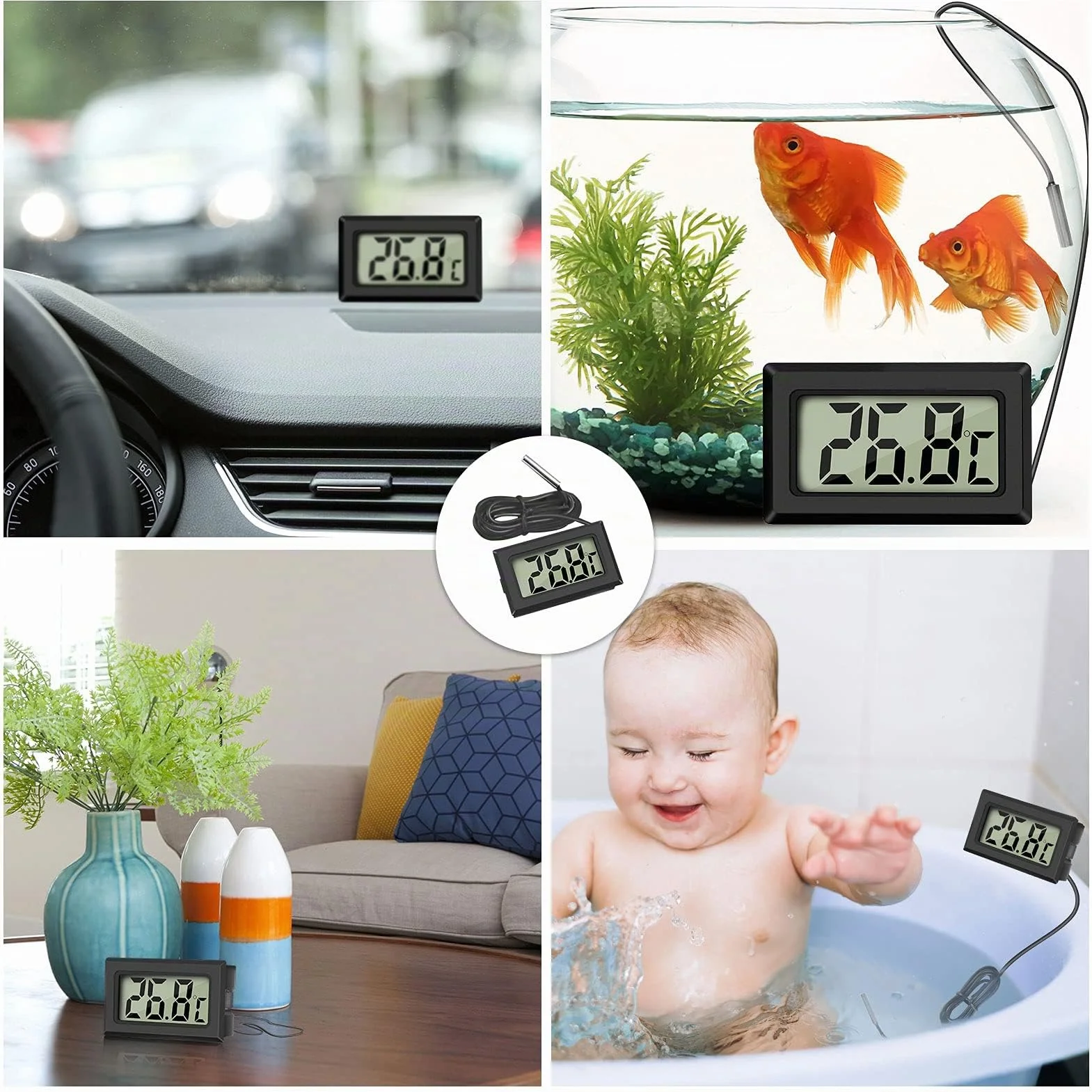 Thlevel Mini Thermomètre Numérique avec Sonde Externe Imperméable pour Réfrigérateur Congélateur Aquarium 4 Pièces