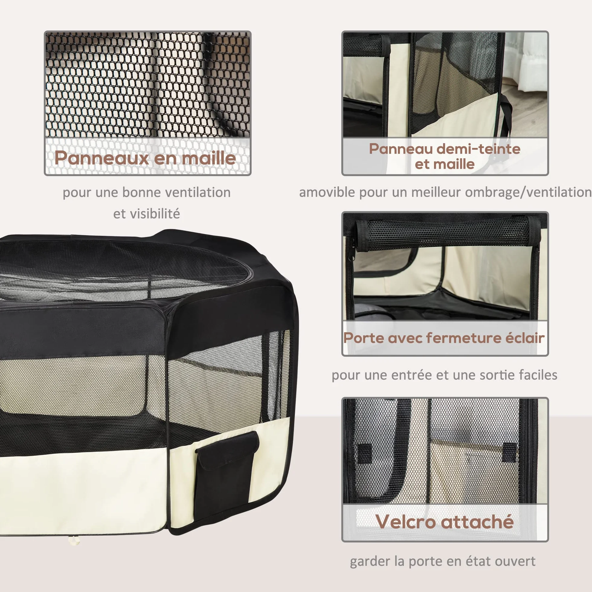 PawHut Parc enclos Pliable pour Chats et Petits Animaux octogonale en Tissu Oxford et Acier - Ø 120 x 58H cm - Noir et crème