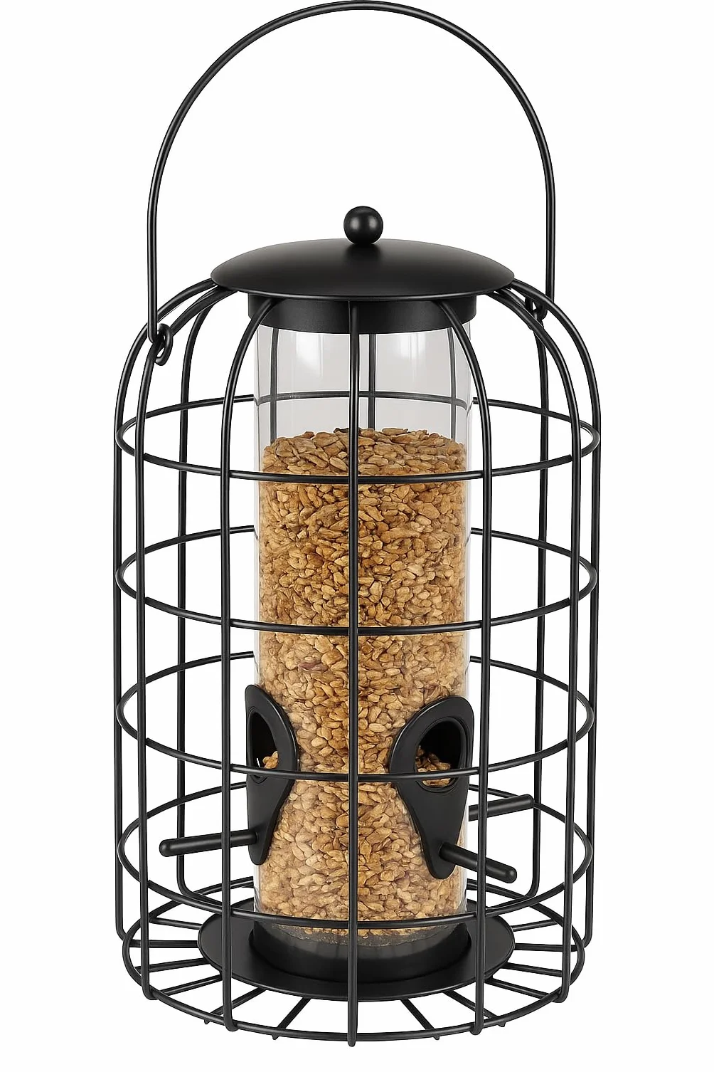 Mangeoire Oiseaux Extérieur Elma Noir 27 cm Métal Polycarbonate 4 Perchoirs Protection Silo Flamingo