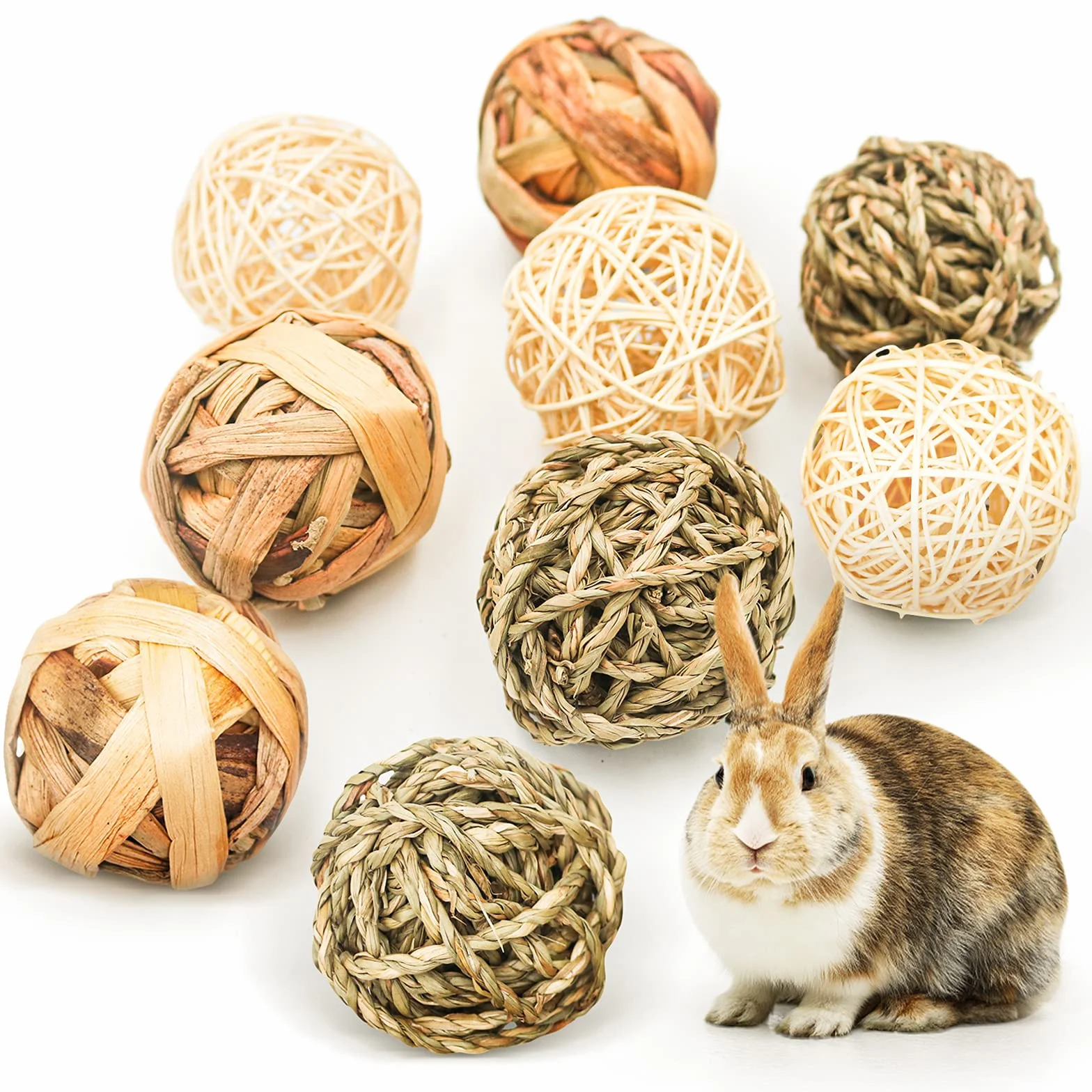 Jouets à Mâcher pour Petits Animaux 9 Pièces Balle en Rotin Boules d'herbe Santé Dentaire Lapins Hamsters