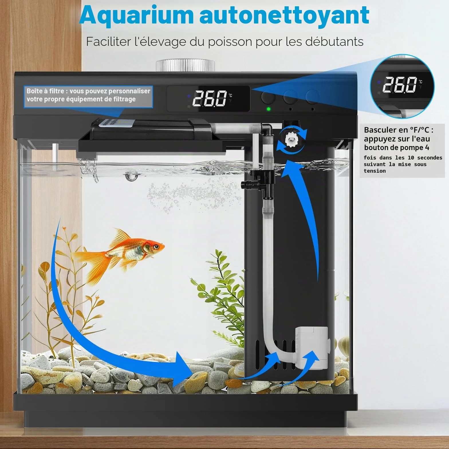 AQQA Kit de Démarrage Aquarium 14 L en Verre avec Filtre LED, 10 Couleurs Réglables, Nano Betta