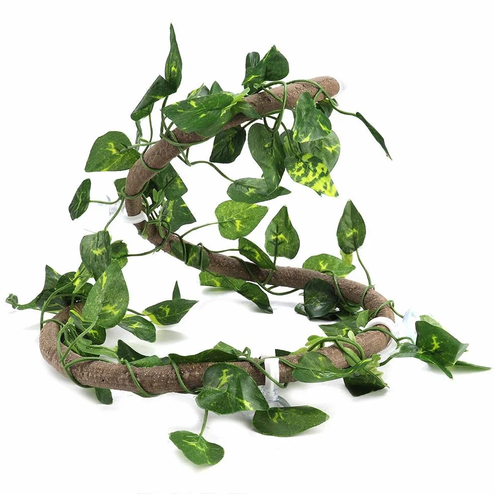 Vignes de Reptiles Artificielles avec Ventouses, Branche d'escalade en Rotin Flexible, 3,28 Pieds avec Feuilles de Scindapsus, pour Serpents