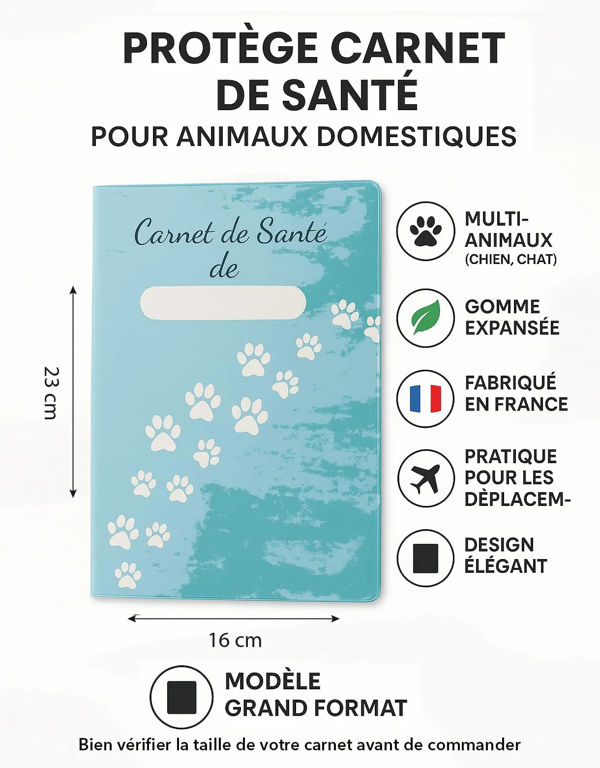 Protège Carnet de Santé pour Chats Chiens Animaux Domestiques Gomme Expansée Fabriqué en France 16 x 23 cm