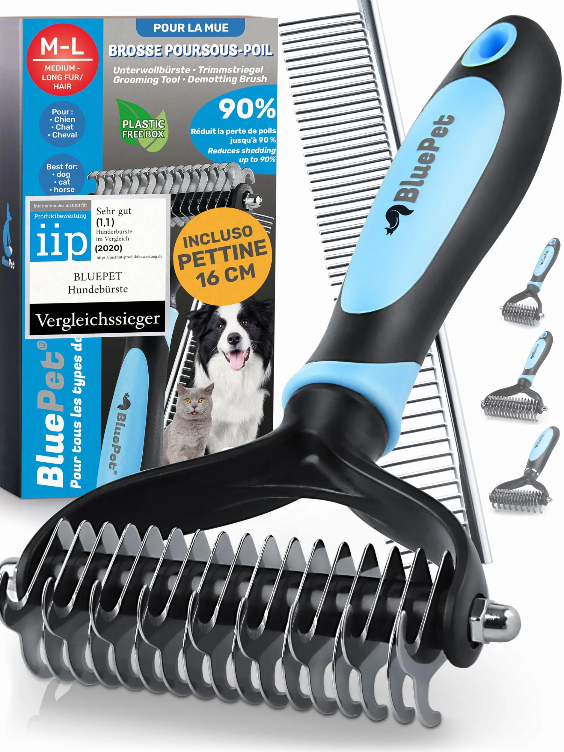 BluePet Brosse Chiens Chats Poil Long Peigne Démêlage Professionnel Sous Poil Nœuds Étrille Démêlant Râteau Toilettage