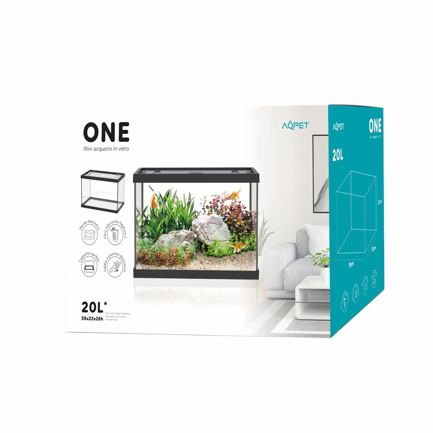 AQPET One Mini Aquarium en Verre Noir 20 litres - Aquarium Complet avec Filtre intérieur, Sable, Plante décorative et Fond - 36 x 22 x 26 cm
