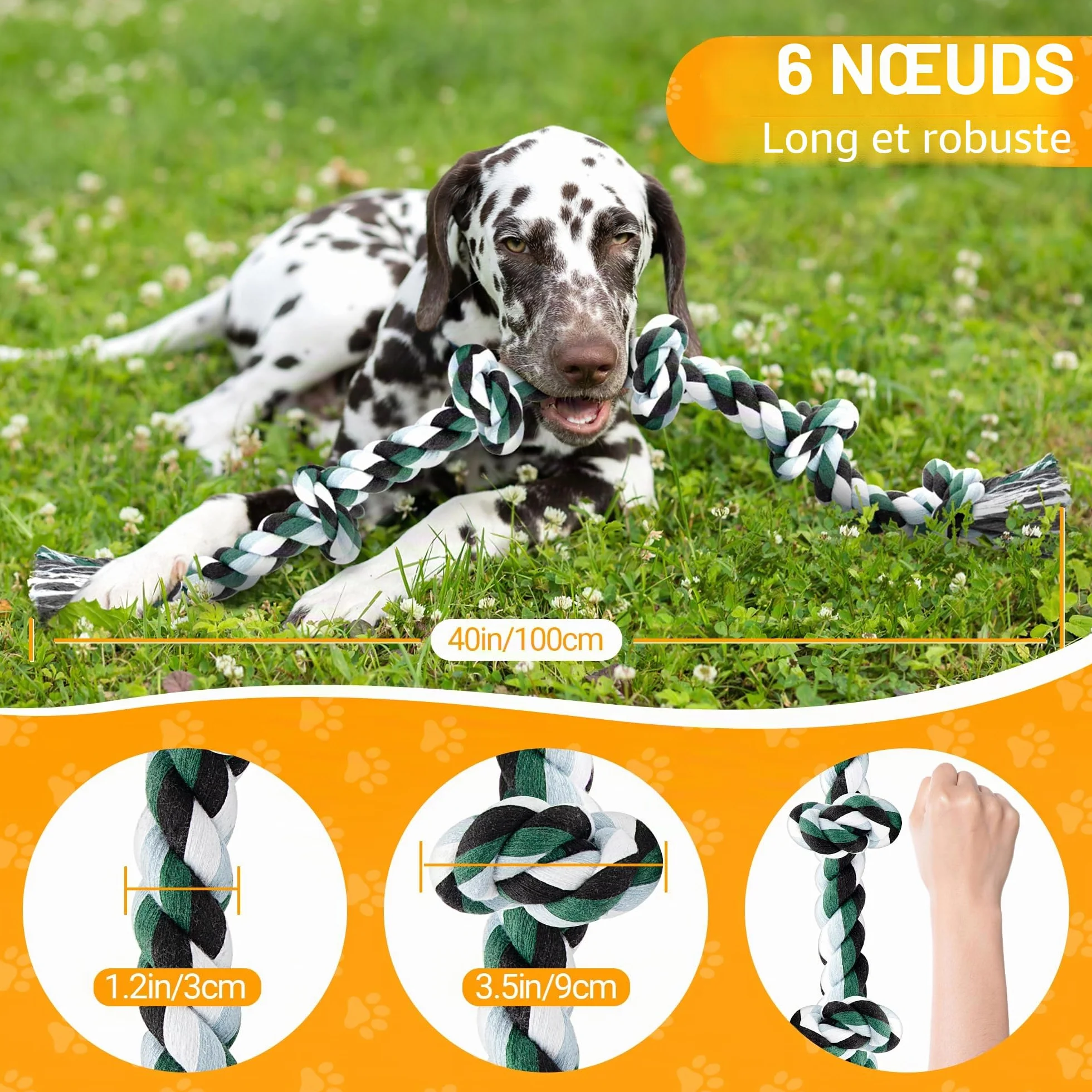 Corde de Jouet Chien Durable 100cm Grand 6-Nœuds 100% Coton Jouet à Mâcher pour Nettoyage des Dents