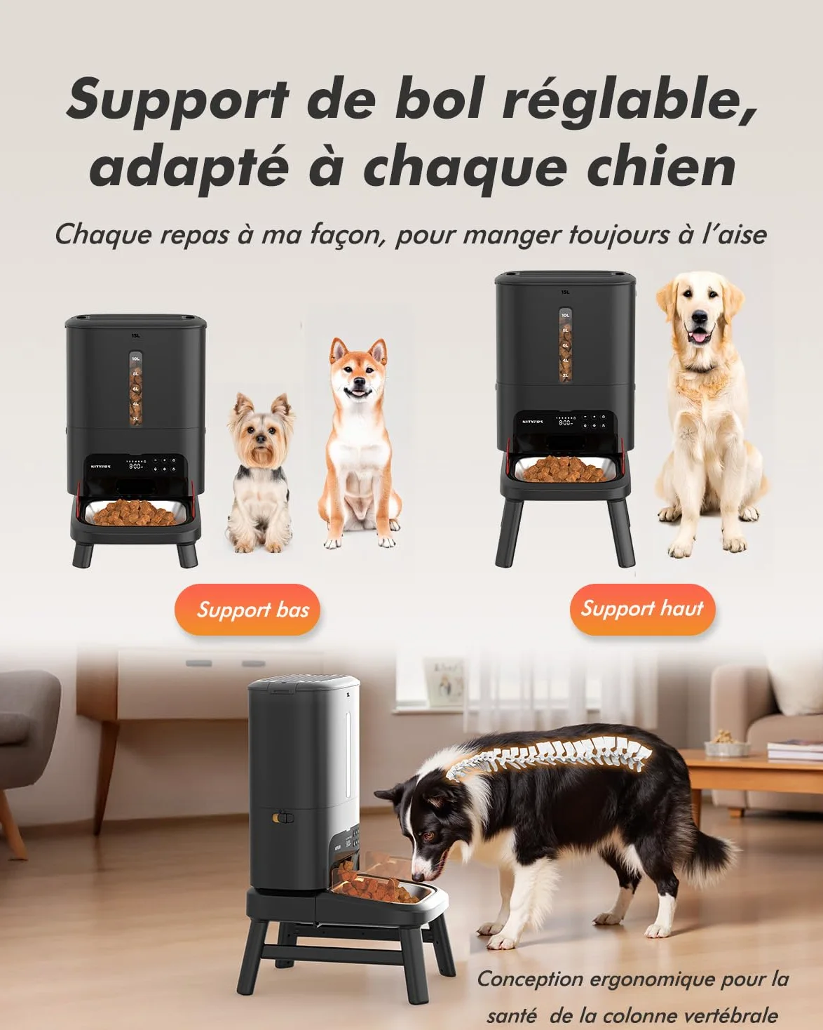 Distributeur Croquettes Chien Automatique, 15L Grande Capacité | Croquettes Jusqu'à 18mm, Support Réglable en 2 Hauteurs, Alerte Niveau Bas, pour Chien de Grande Taille et Chats Multiples