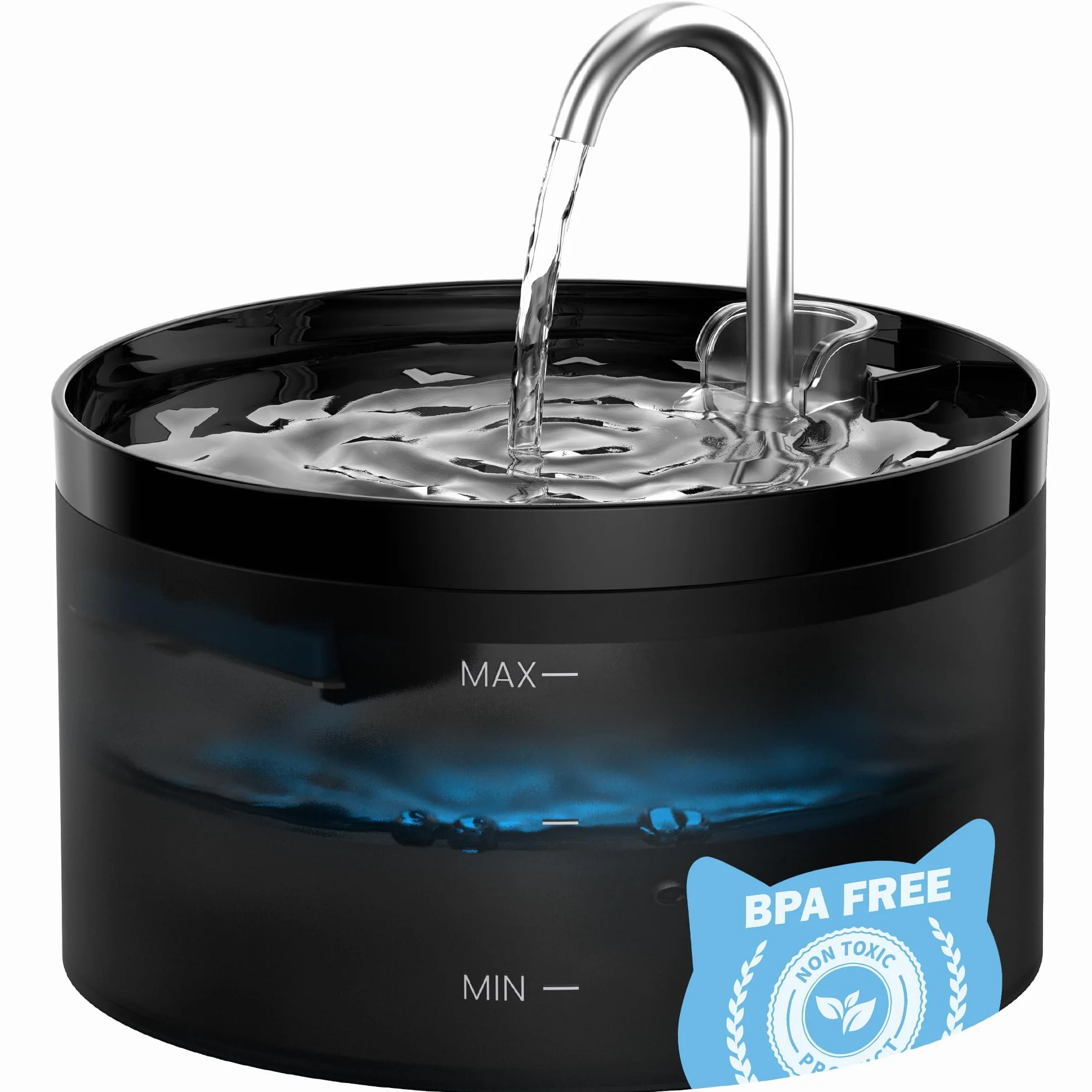 Fontaine à Eau pour Chat 2L avec Forme de Robinet, Pompe Silencieuse, Filtre à Poils, Débit Réglable, Noir