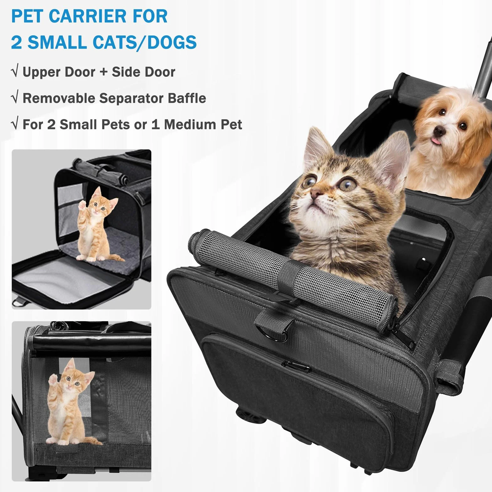 Sac de Transport pour 2 Chats/Chiens, 2 Compartiments, 4 Roulettes, Poignée Télescopique, Pliable, Noir