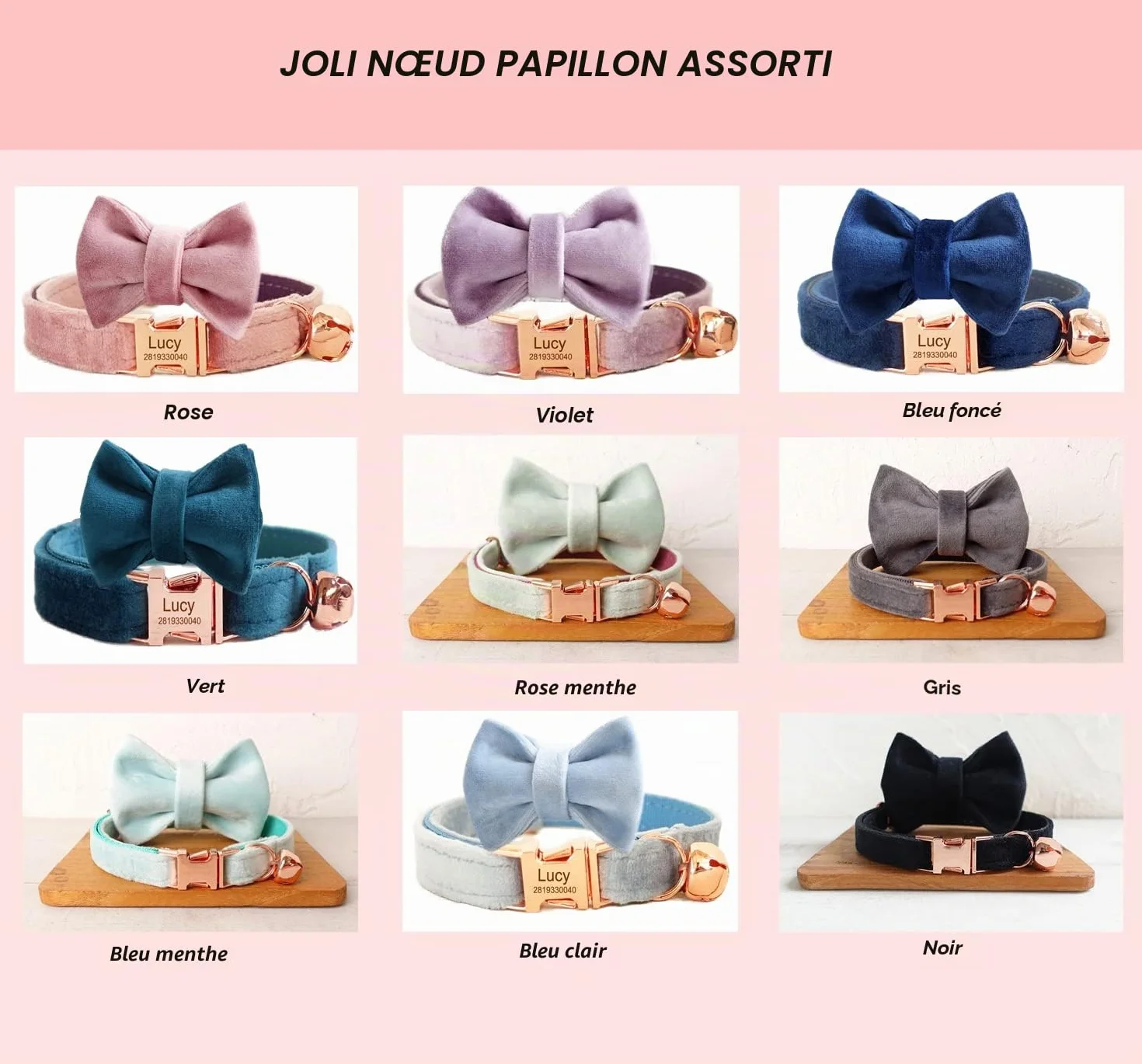 Collier pour chat personnalisé avec étiquette nominative et numéro de téléphone gravés, velours or rose