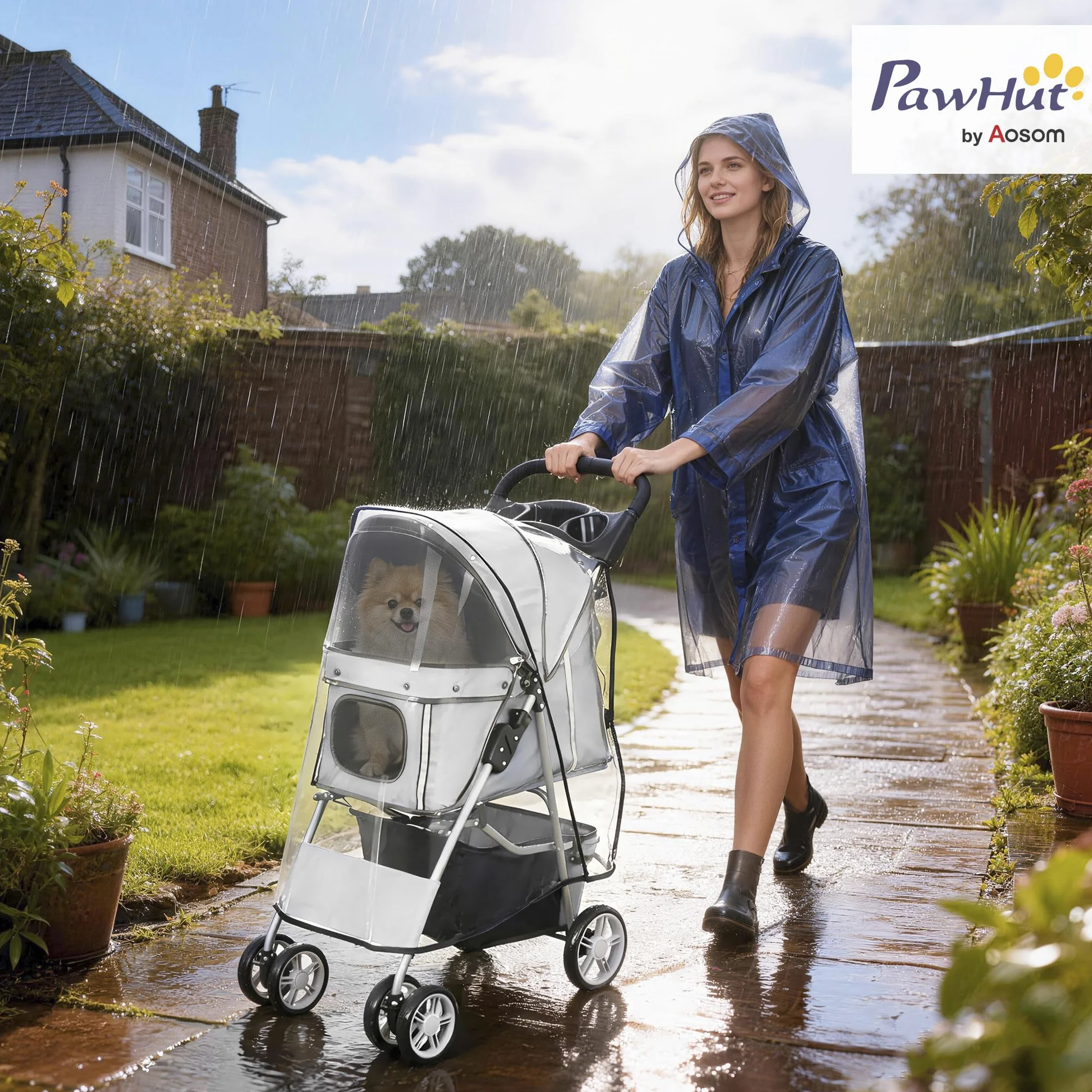 PawHut Poussette buggy pliable animaux chariot pliante imperméable chien chat toit amovible incluse porte-gobelet panier de rangement roues avec frein tissu 600D Oxford acier gris