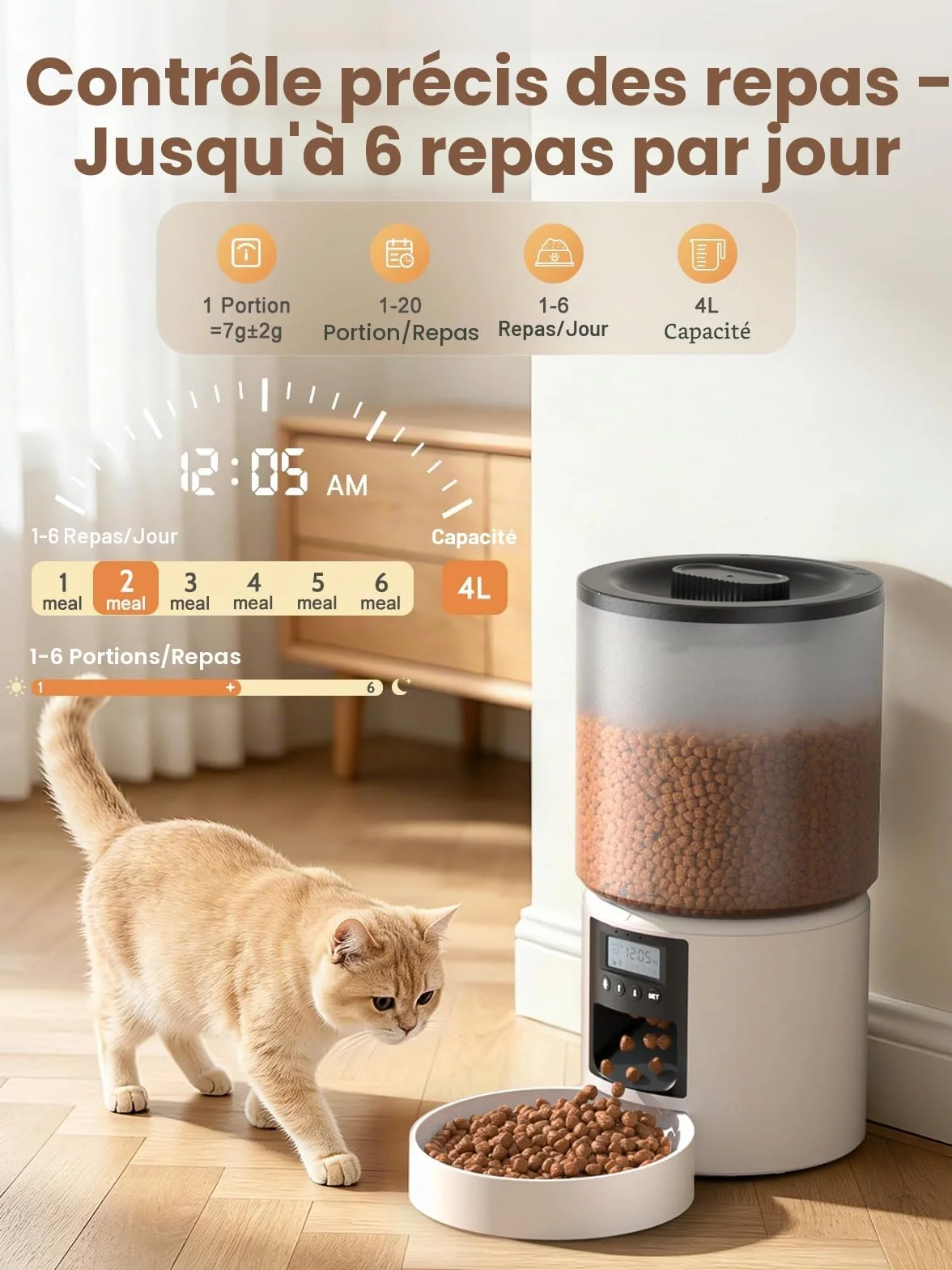 Distributeur Croquettes Chat Automatique 4L Programmable 6 Repas Fonction Vocale 10s Réservoir Hermétique