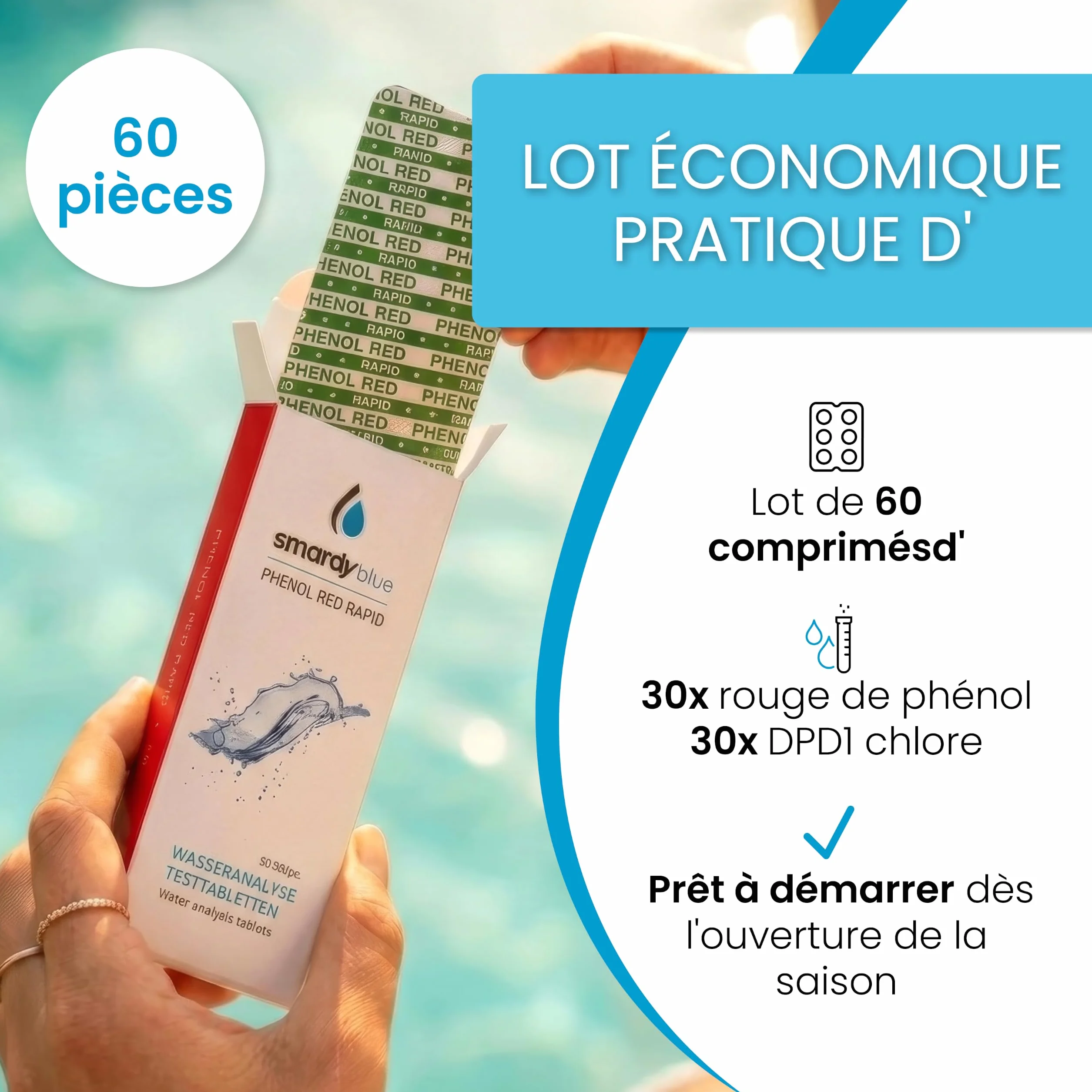 smardy 60 Pastilles de Test pH/Chlore Libre/Brome – pour piscine, spa, whirlpool et eau potable – testeur d'eau manuel avec boîte de rangement – Made in Germany