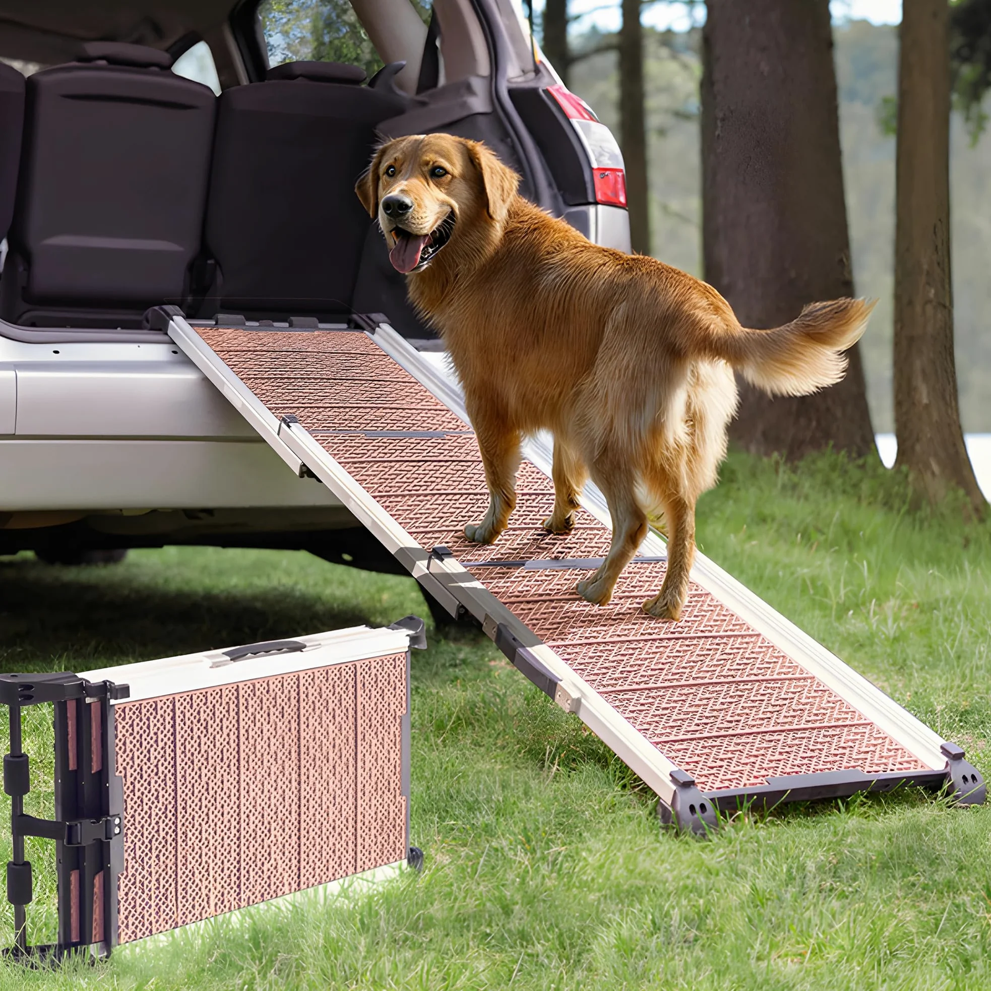 Rampe pour Chien Voiture, SUV - Stable - Antidérapante - Capacité 90kg - Design Compact - Rampe Télescopique pour Grands Chiens - Bordures Réfléchissantes pour la Sécurité - Clip de Fixation - Sable