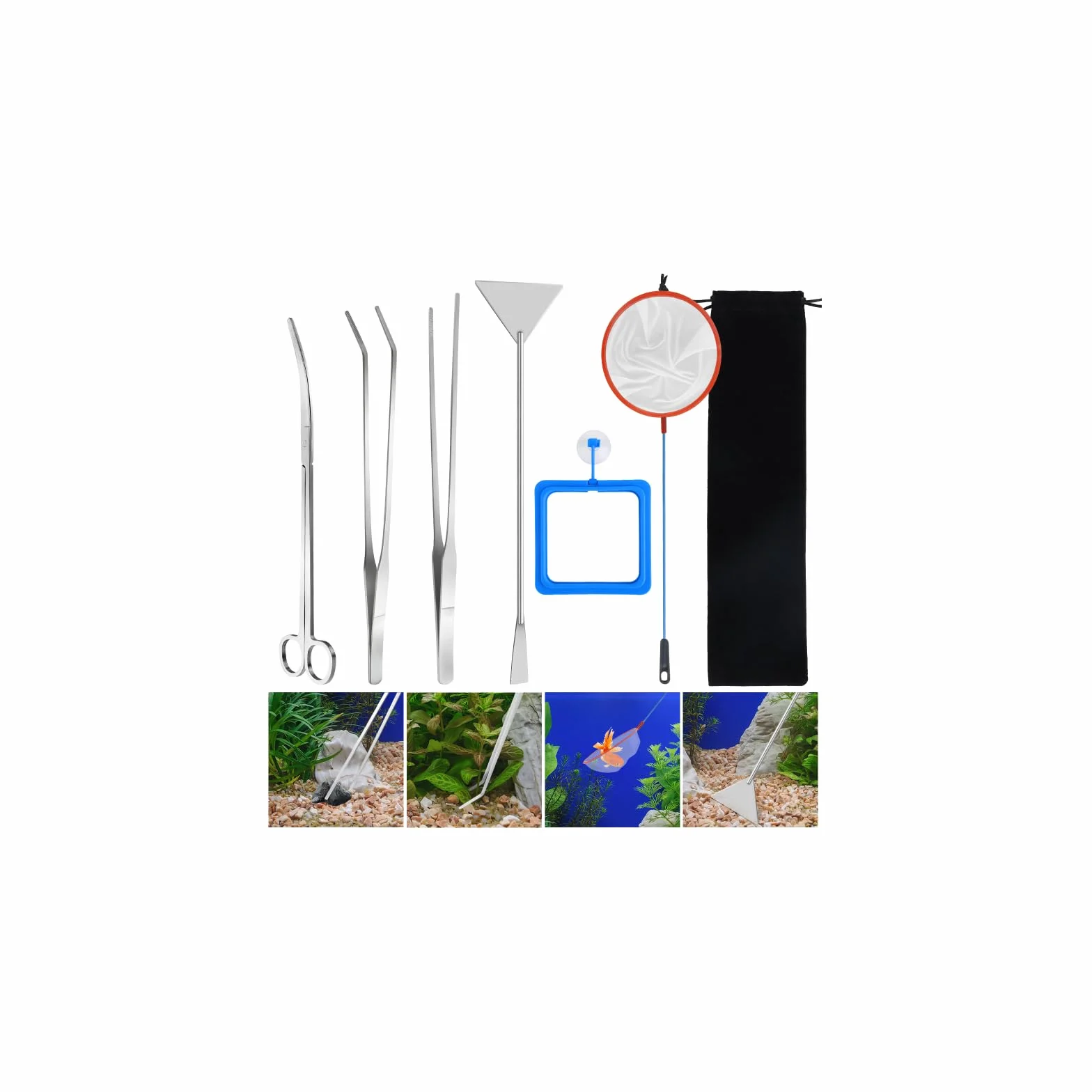 Kit complet d'aquascaping 6PCS, Outils d'aquarium en acier inoxydable, Ciseaux, Pinces, Spatule avec sac de rangement