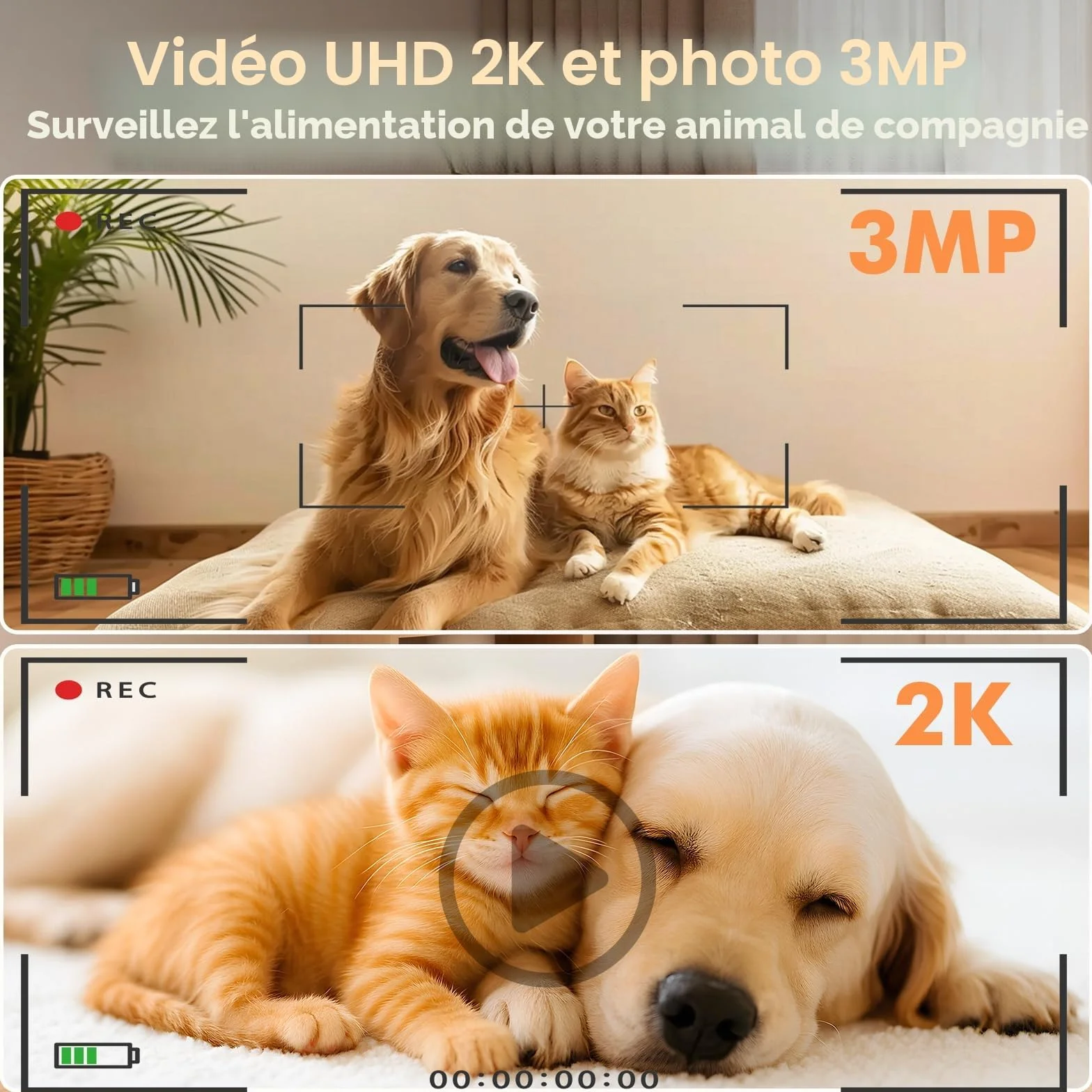 Distributeur Croquettes Chat Automatique avec Caméra 2K HD Vision Nocturne WiFi 2.4G/5G Contrôle App Double Alimentation Réservoir 5L 4L