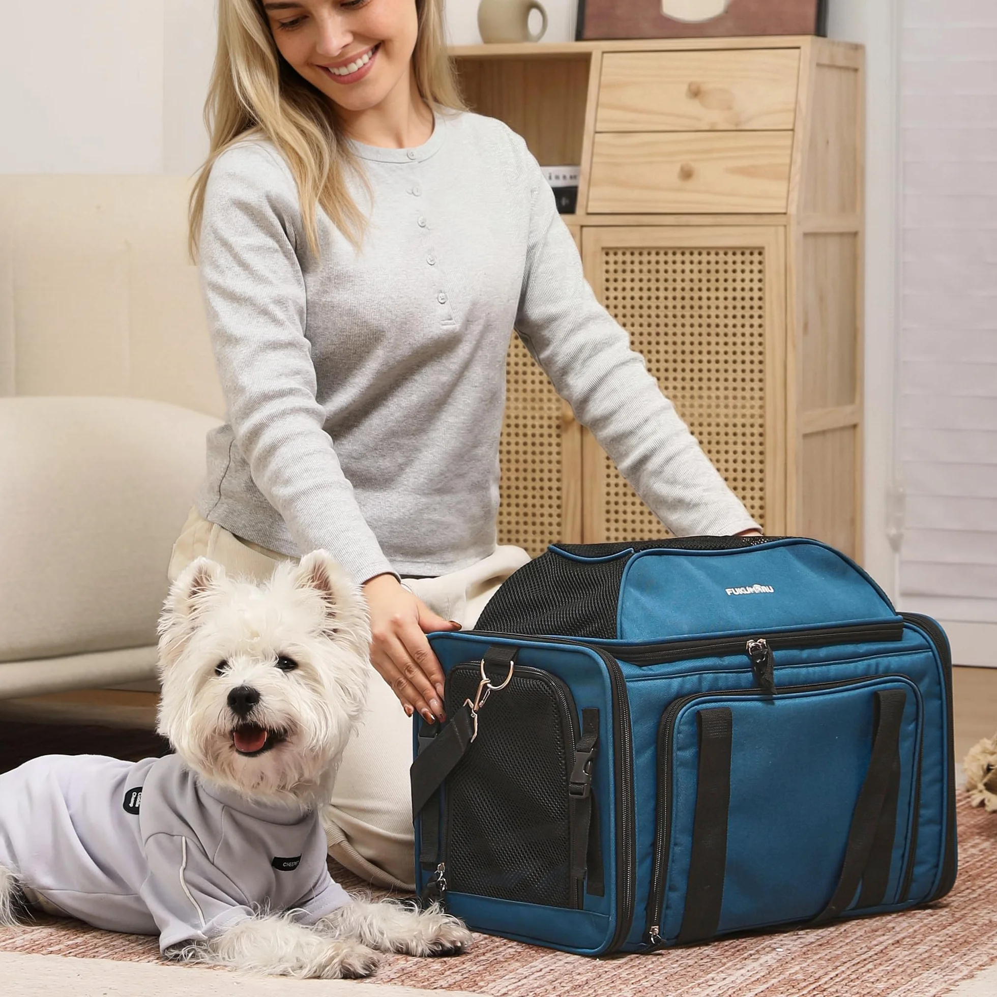 FUKUMARU Sac de Transport pour Chat, Cage de Voyage Souple et Extensible, Approuvée en Cabine, Bleu
