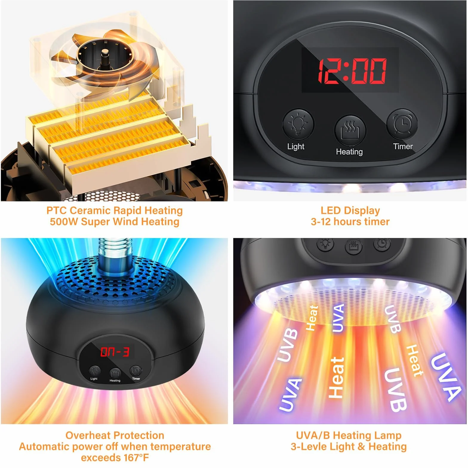 Lampes Chauffantes pour Poulaillers 200 W 350 W 500 W avec Lumière UVA/UVB Timer 3-6-9-12H Portable