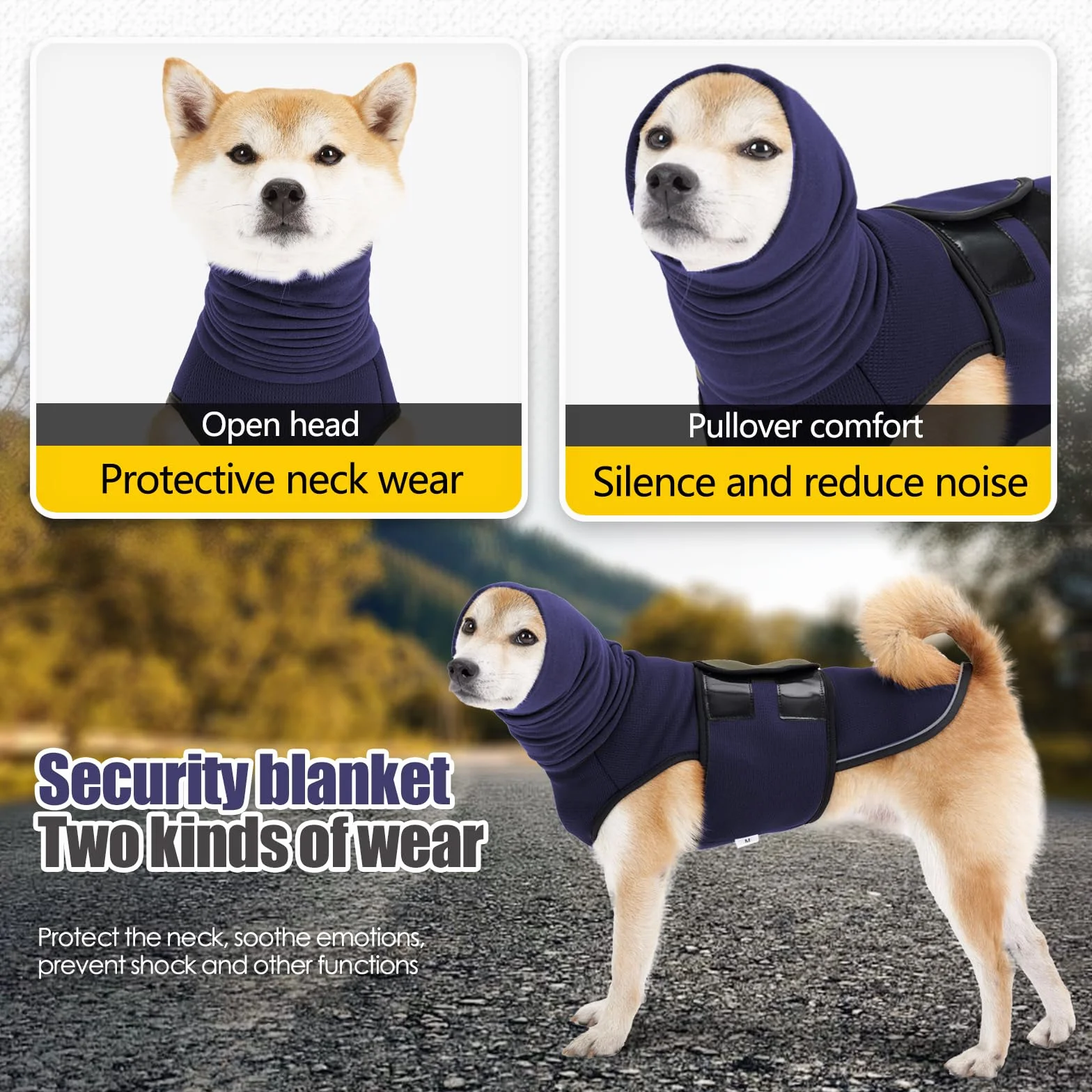 Veste Anti-anxiété pour Chien avec Cache-Oreilles et Capuche - Manteau Réfléchissant réglable Bleu foncé L