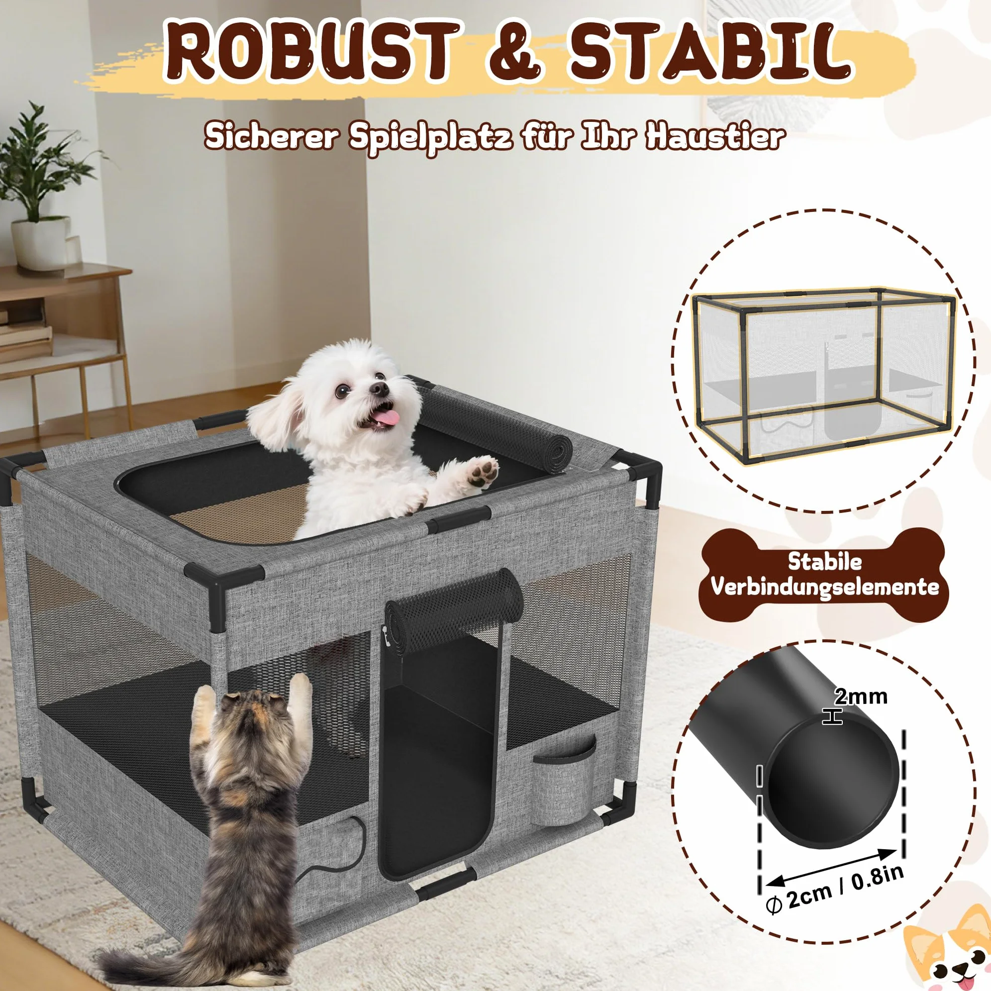LZQ Enclos pliable pour animal de compagnie - Cadre en PVC - Cage pour animaux de compagnie - Enclos pour animaux - Enclos pour chiots - Pour chiens, chats, petits animaux - Carré - Taille L