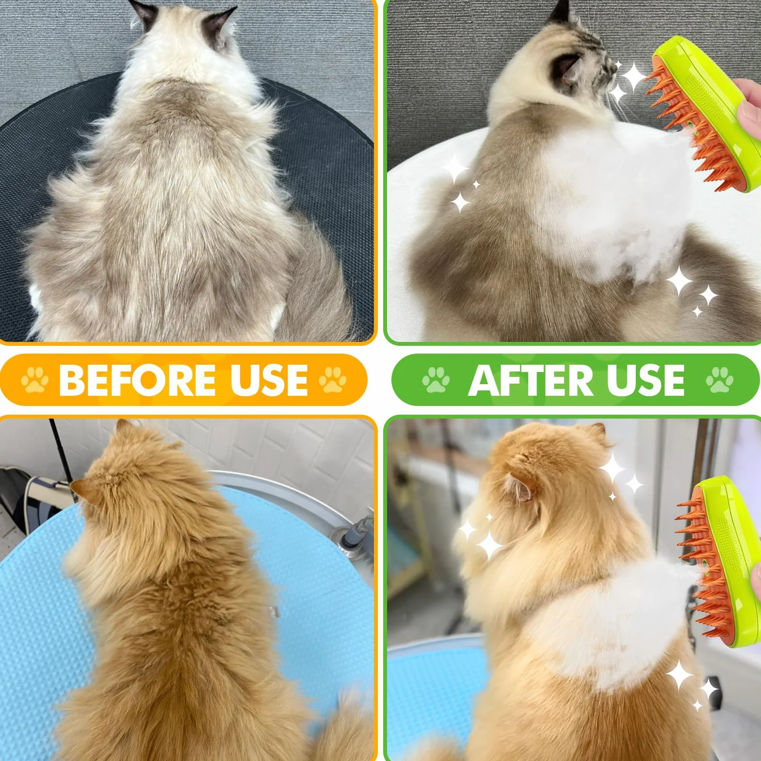 Brosse Chat à Vapeur 3-en-1 Multifonction Vert Démêler Noeuds Poils Lâches