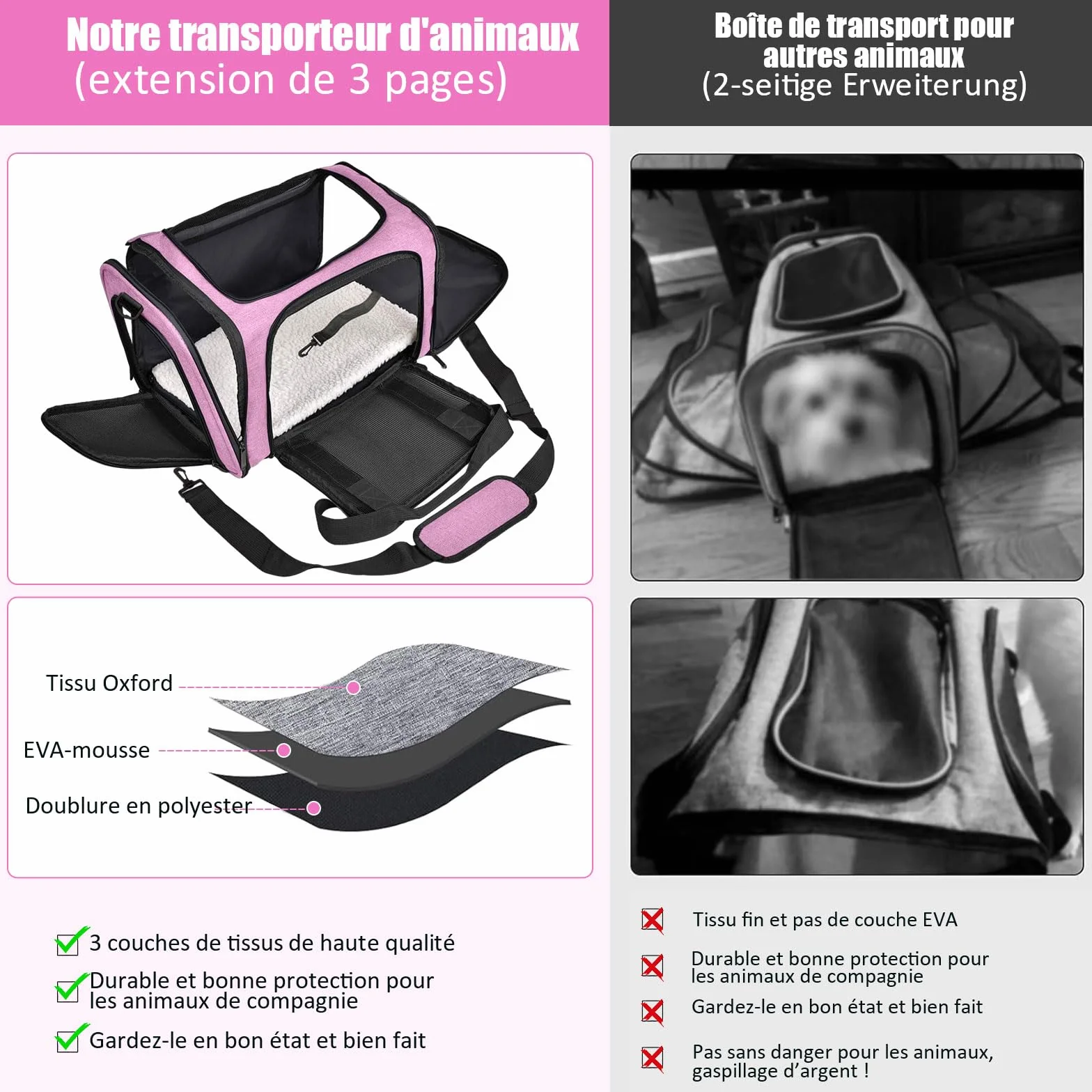 Sac de Transport Chat avec Matelas Souple Rose L 50 × l 34 × H 34 cm Tissu en Maille