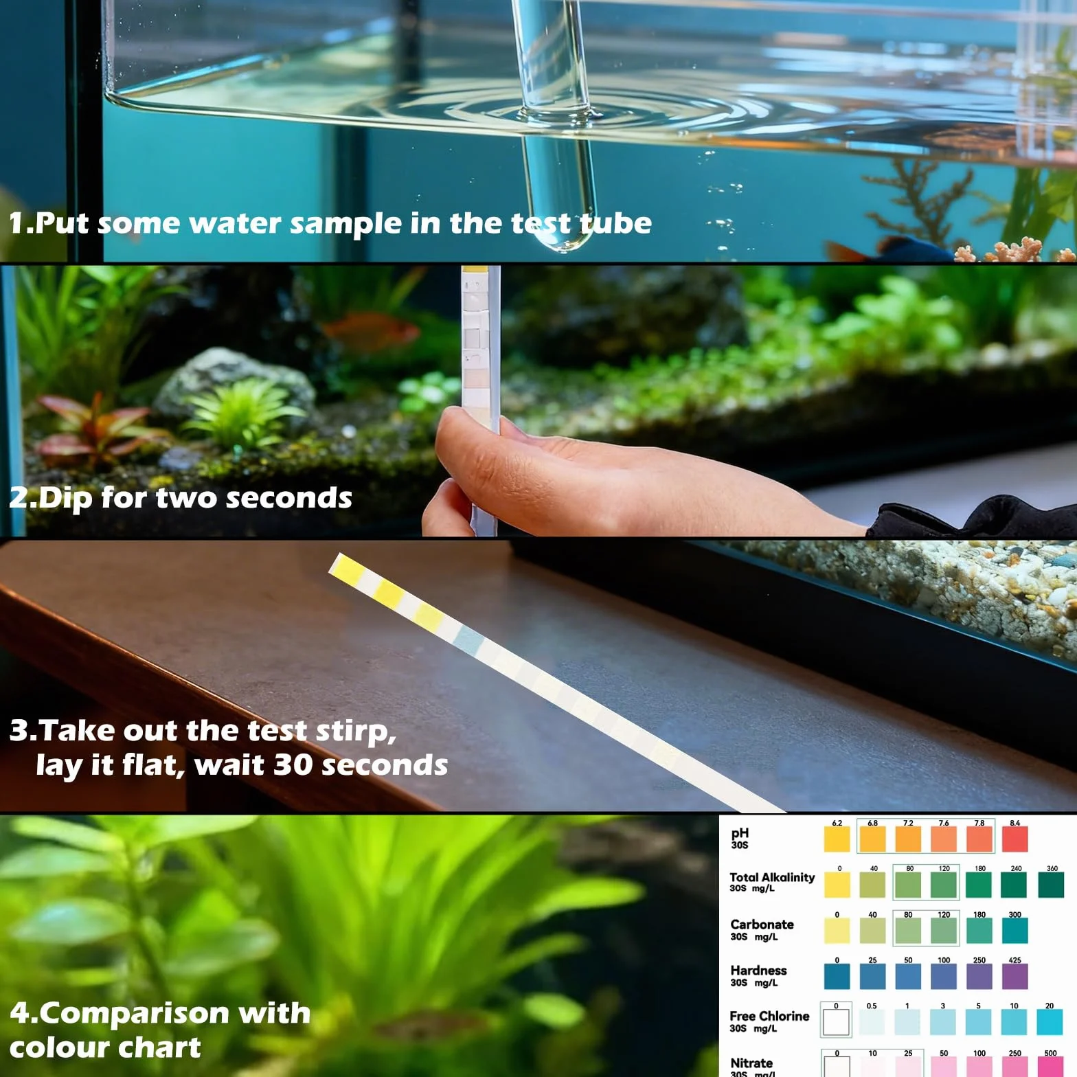9 en 1 Test d'eau pour Aquarium, 100 Bandelettes de Test Eau pour PH, Alcalinité Totale, Dureté, Carbonatée, Nitrite, Nitrate, Chlore Fer et Ammoniac, Accessoire pour Bassins