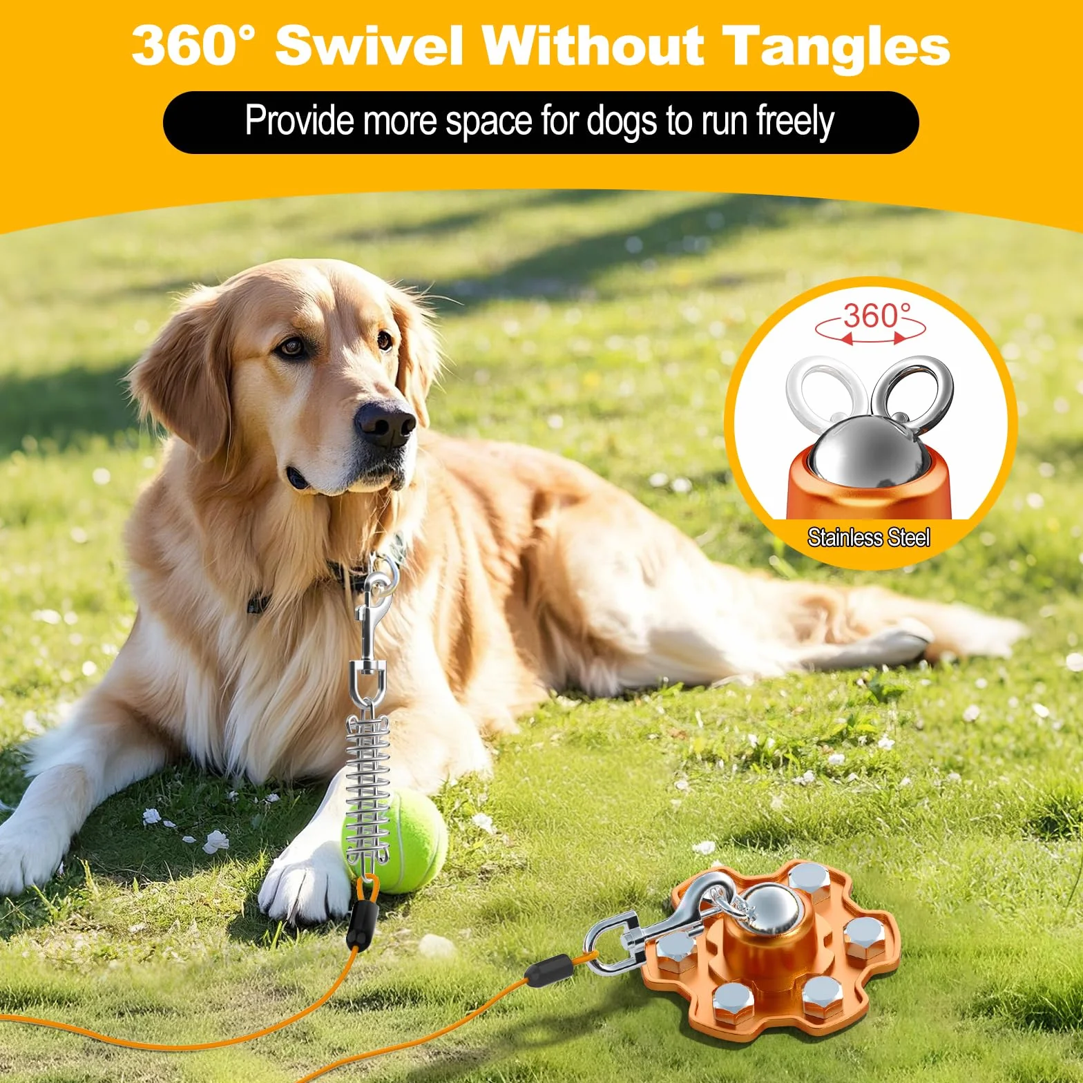 Piquet d'Attache pour Chien 360° Pivotant Robuste 6 Ancrage Vis 180 lb Force Traction Orange